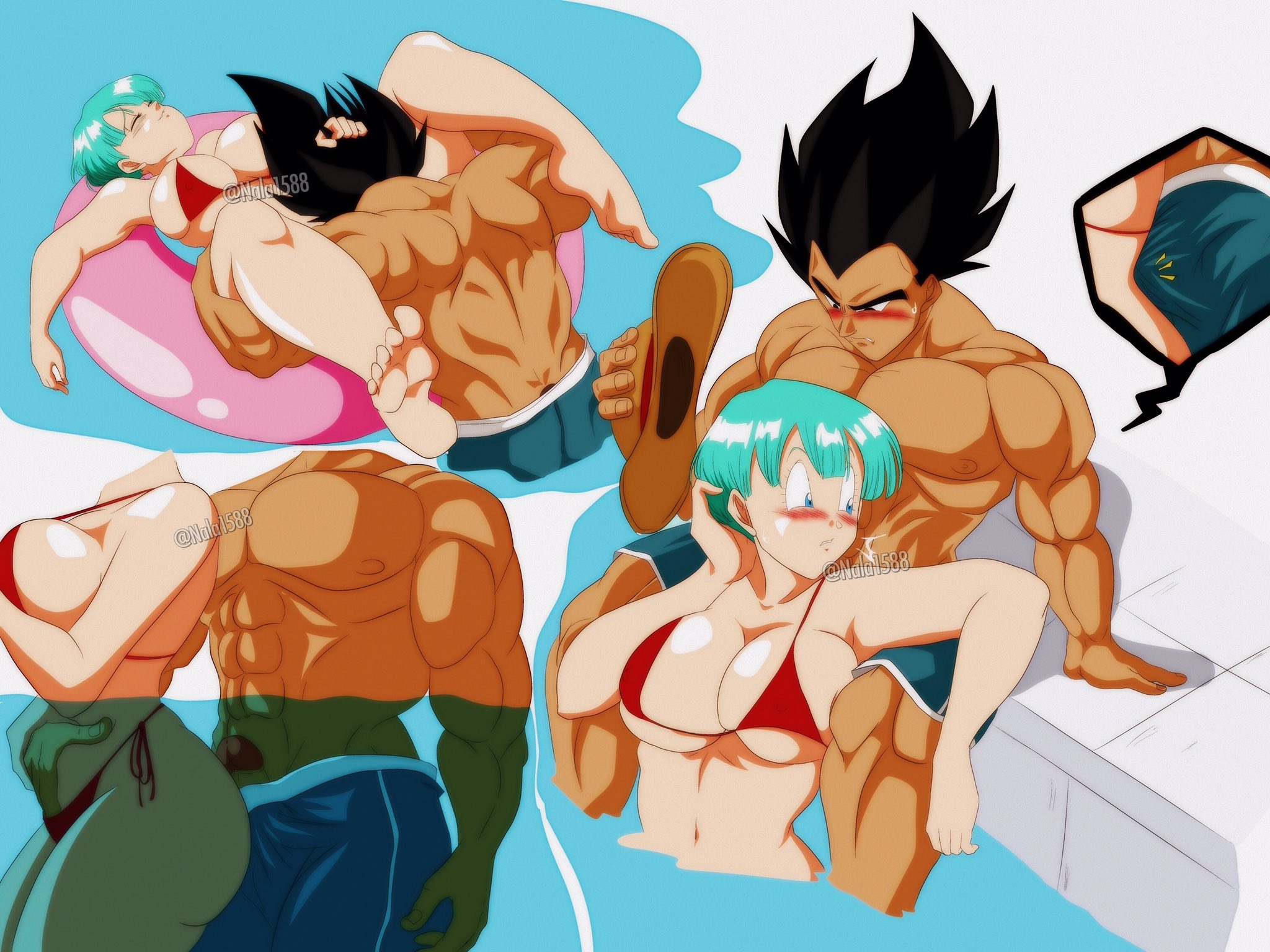 bulma briefs, dragon ball, female, hand in panties, male, nala1588, penis, swimwear, vegeta
