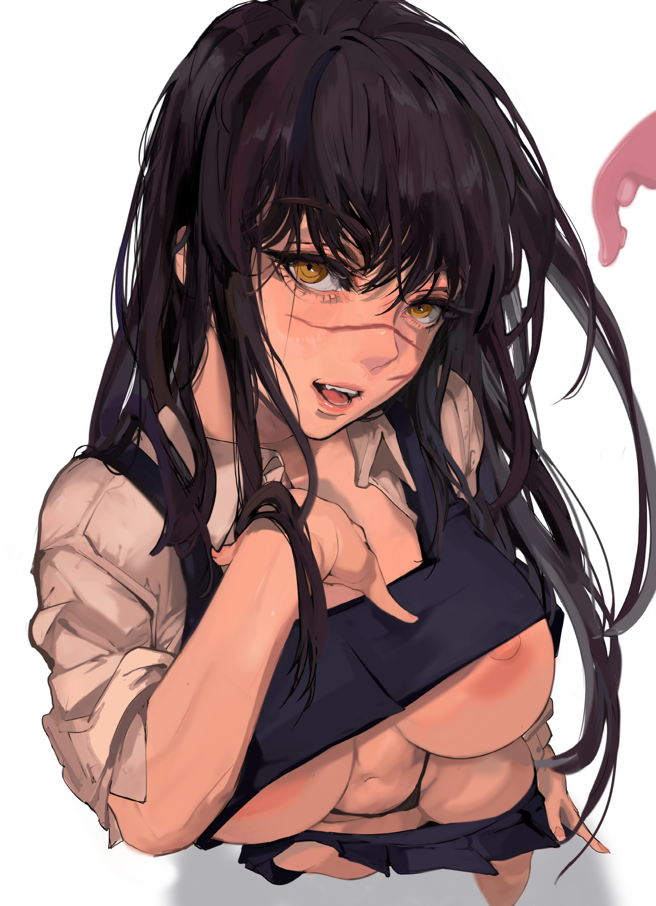 1girls, big breasts, black hair, breasts, chainsaw man, eye contact, facial scar, female, female only, hirofumi yoshida, long hair, looking at viewer, mamimi (artist), mamimi (mamamimi), scar, school uniform, schoolgirl, skirt, skirt down, standing, teasing, thong, white background, yellow eyes, yoru (chainsaw man)