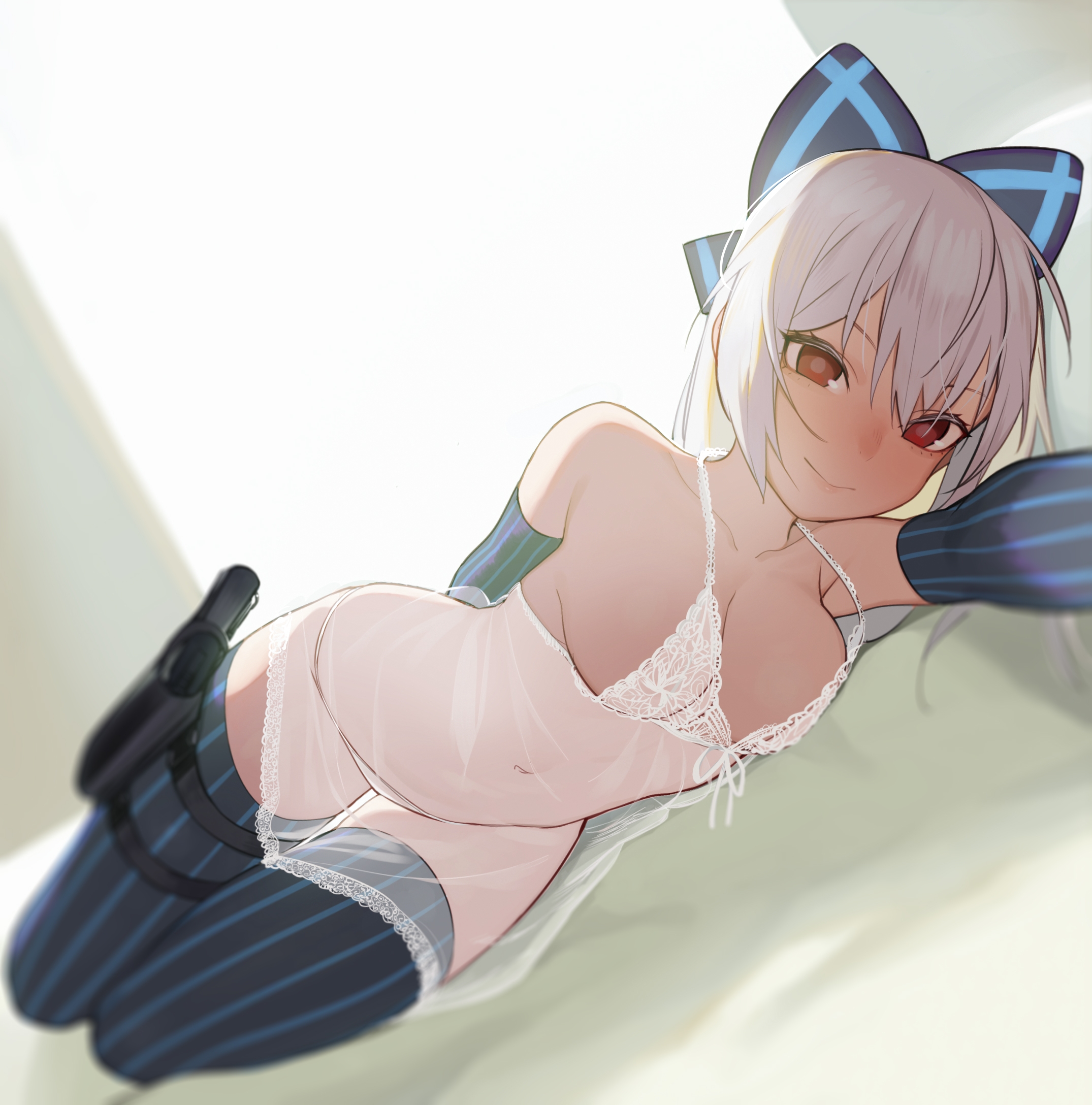 arm up, backlighting, beijuu, blue thighhighs, blurry, bow, breasts, chemise, cleavage, commentary request, depth of field, detached sleeves, dutch angle, female, foreshortening, girls' frontline, gun, hairbow, handgun, highres, holster, lingerie, looking at viewer, lying, medium breasts, navel, on side, panties, see-through, smile, solo, striped, striped legwear, thigh holster, thighhighs, tokarev (girls' frontline), underwear, underwear only, vertical stripes, vertical-striped legwear, weapon, white hair, white panties