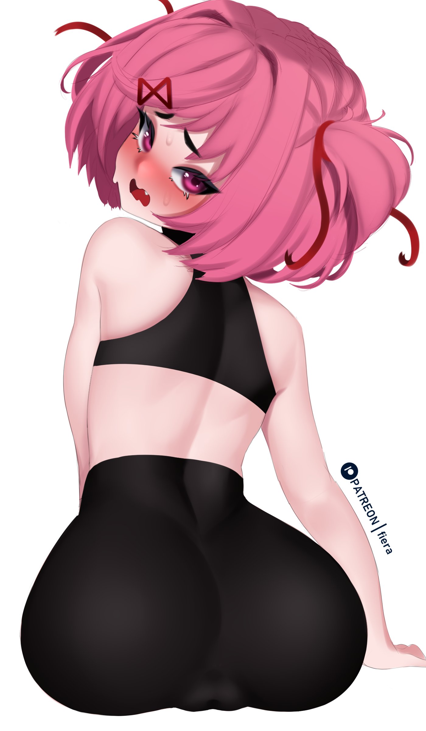 1girls, ass, big ass, big butt, cameltoe, cute, doki doki literature club, eye contact, female, female only, fiera (artist), hair ribbon, leggings, looking at viewer, looking back, natsuki (doki doki literature club), pink eyes, pink hair, pussy, short hair, sitting, solo, tight clothing, tight pants, twintails, yoga pants
