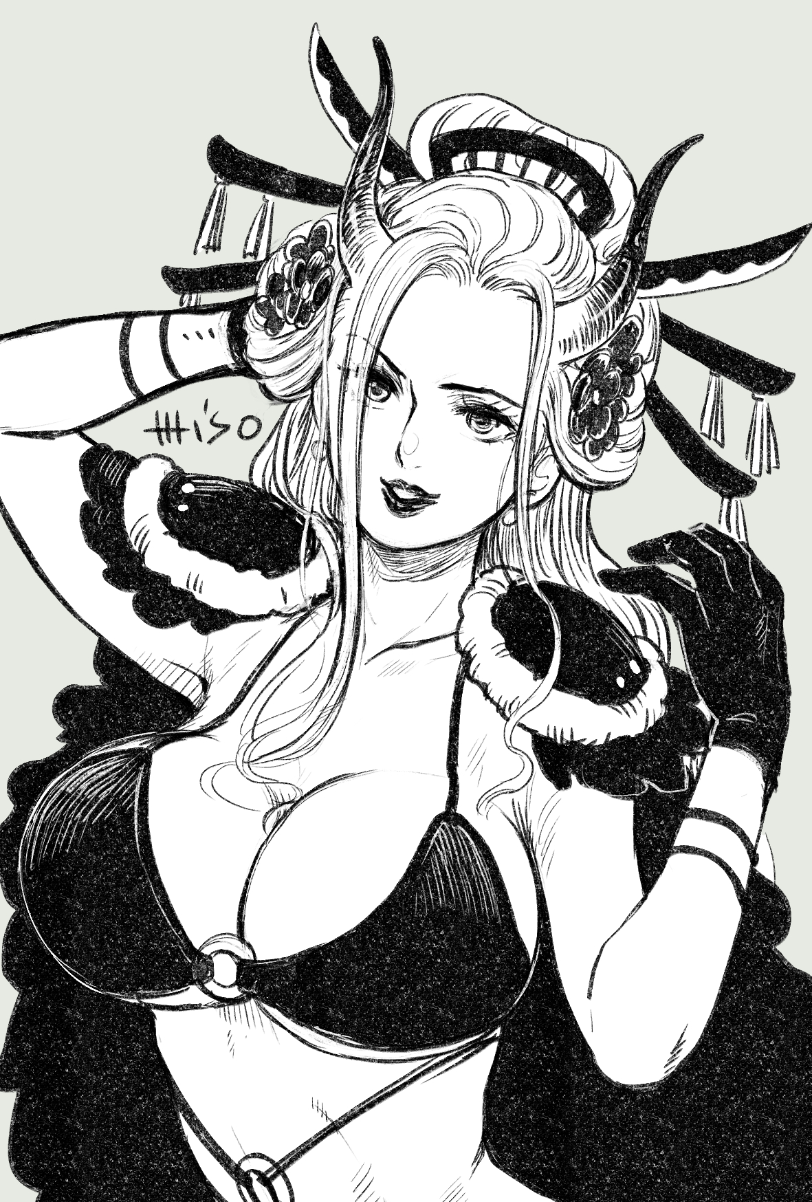 1girls, beast pirates, black and white, black maria, blonde female, blonde hair, breasts, cleavage, female, female only, giant breasts, giantess, horn, horns, huge breasts, miso op, one piece, wano country