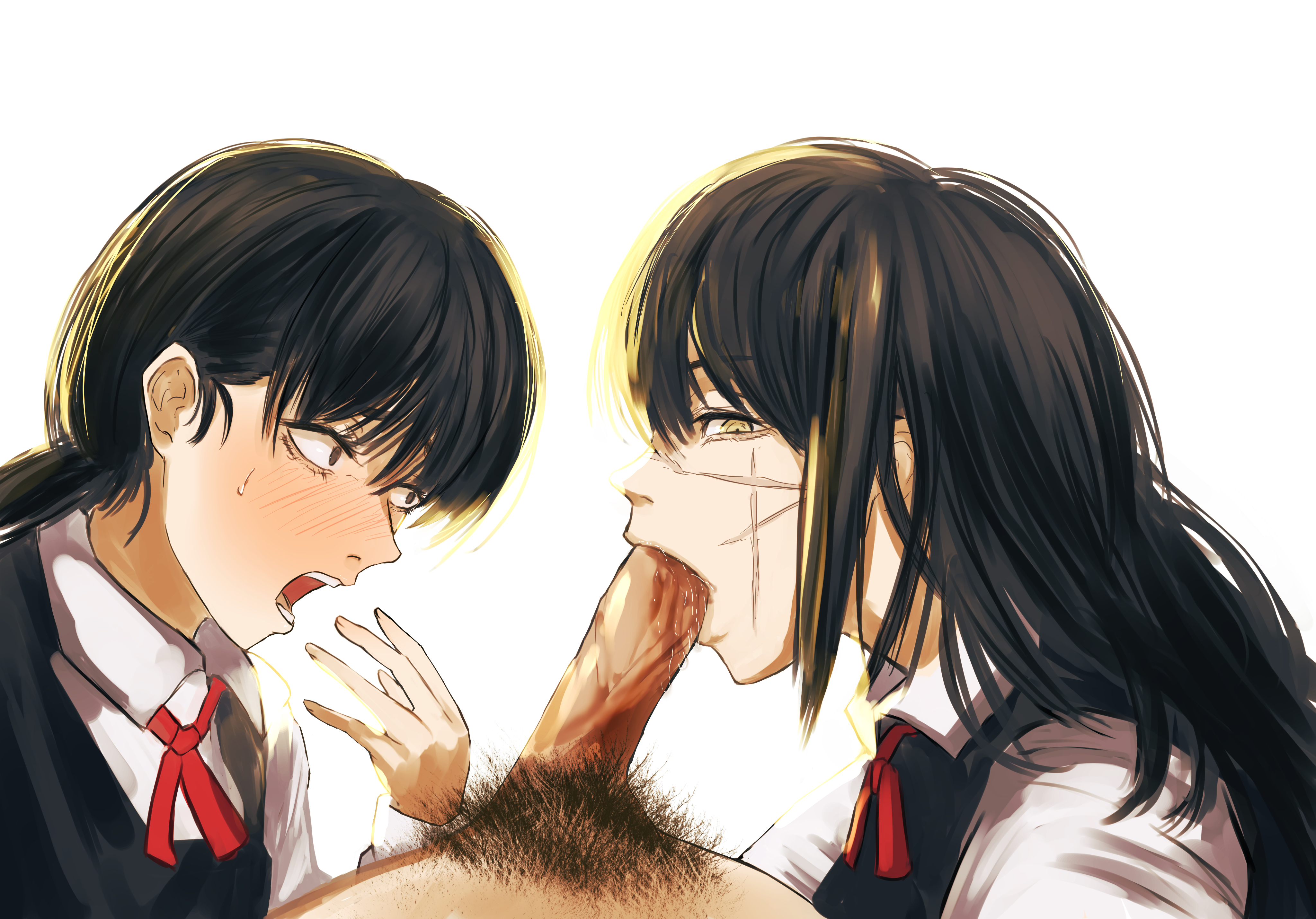 1boy, 2girls, black hair, blowjob, chainsaw man, facial scar, fellatio, female, hayatomoon, long hair, mitaka asa, oral, penis, pubic hair, scar, school uniform, schoolgirl, veiny penis