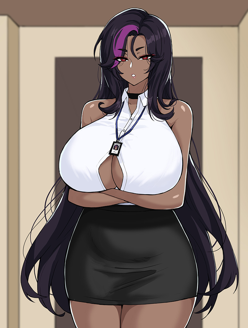 arms_crossed arms_crossed_under_breasts arms_under_breasts big_breasts black_hair breasts business_suit business_woman dark-skinned_female dark_hair dark_skin drogod_(artist) exposed_shoulders female_only hands_under_breasts huge_breasts large_breasts long_hair milf name_tag oc office office_lady original original_character pluto_(drogod) purple_hair_streaks purple_striped_hair red_eyes shoulders thick thick_thighs thighs work_skirt work_tag work_uniform