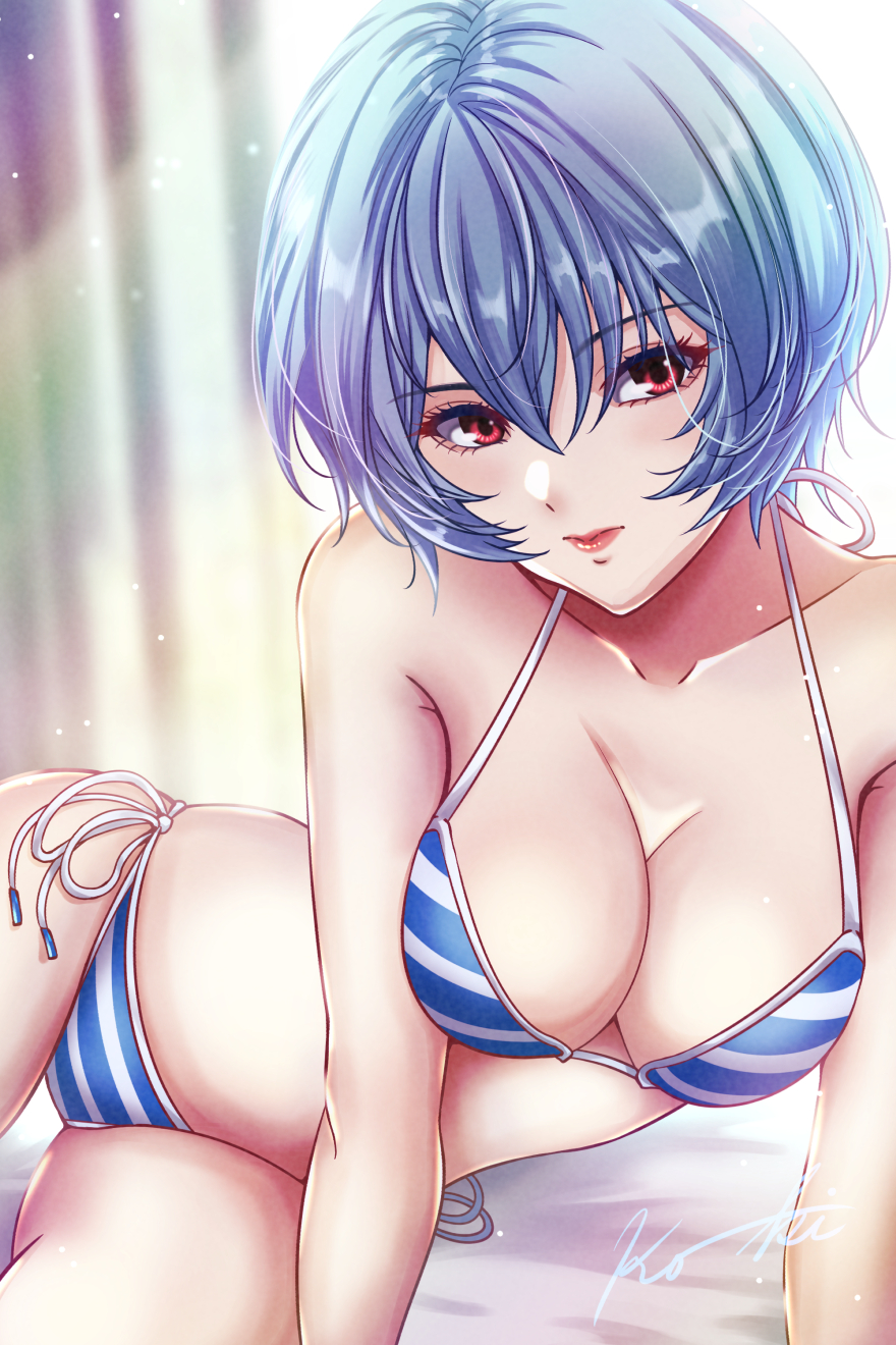 bikini, blue hair, breasts, cleavage, female, hips, large breasts, neon genesis evangelion, red eyes, rei ayanami, shimapan, short hair, striped, stripes, swimsuit