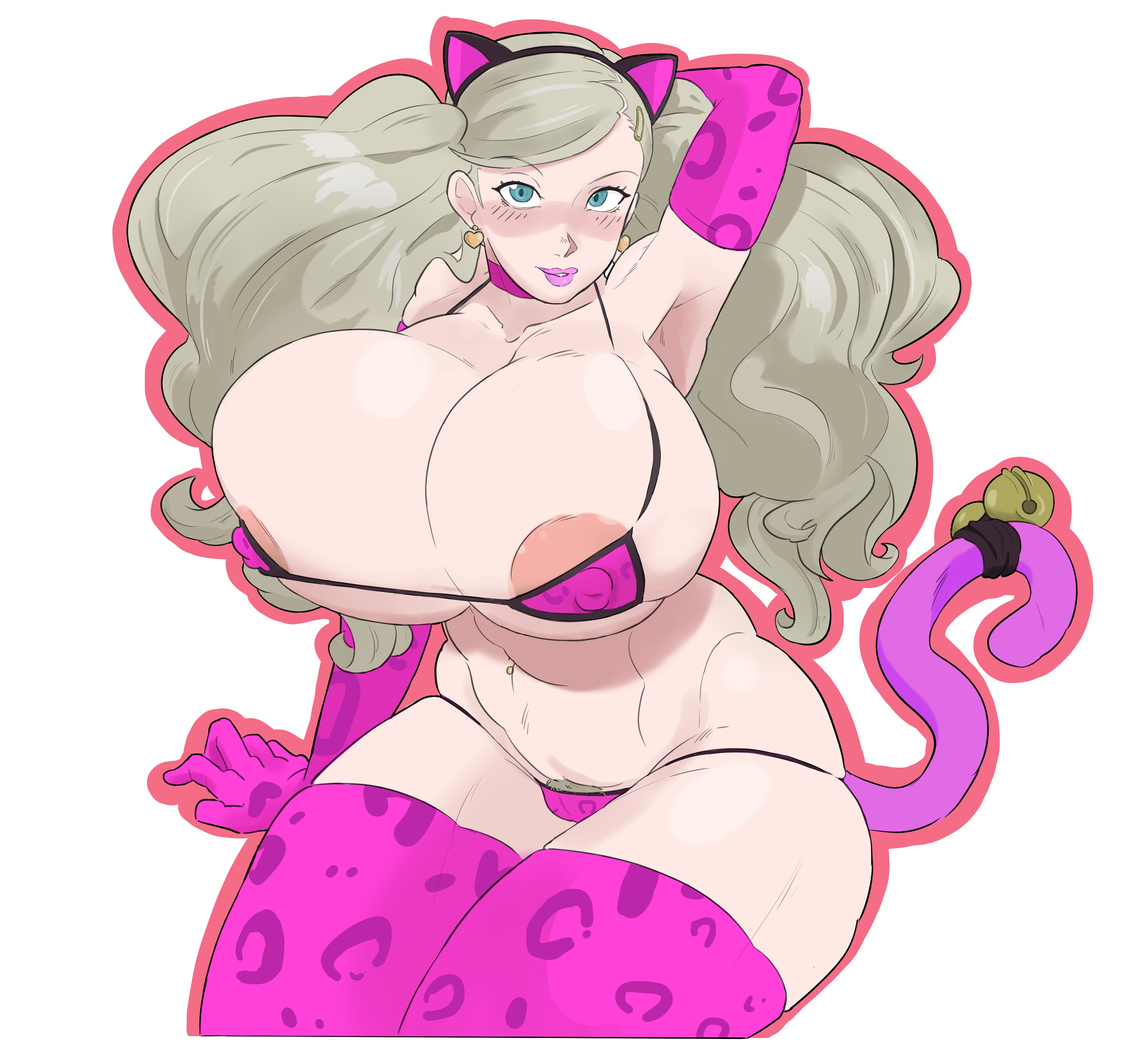 1girls, ann takamaki, armpits, big breasts, bikini, blonde hair, breasts, cognitive ann, earrings, female, gibberish (artist), huge breasts, leopard print, light skin, light-skinned female, looking at viewer, micro bikini, persona, persona 5, pubic hair, thick thighs, venus body, voluptuous