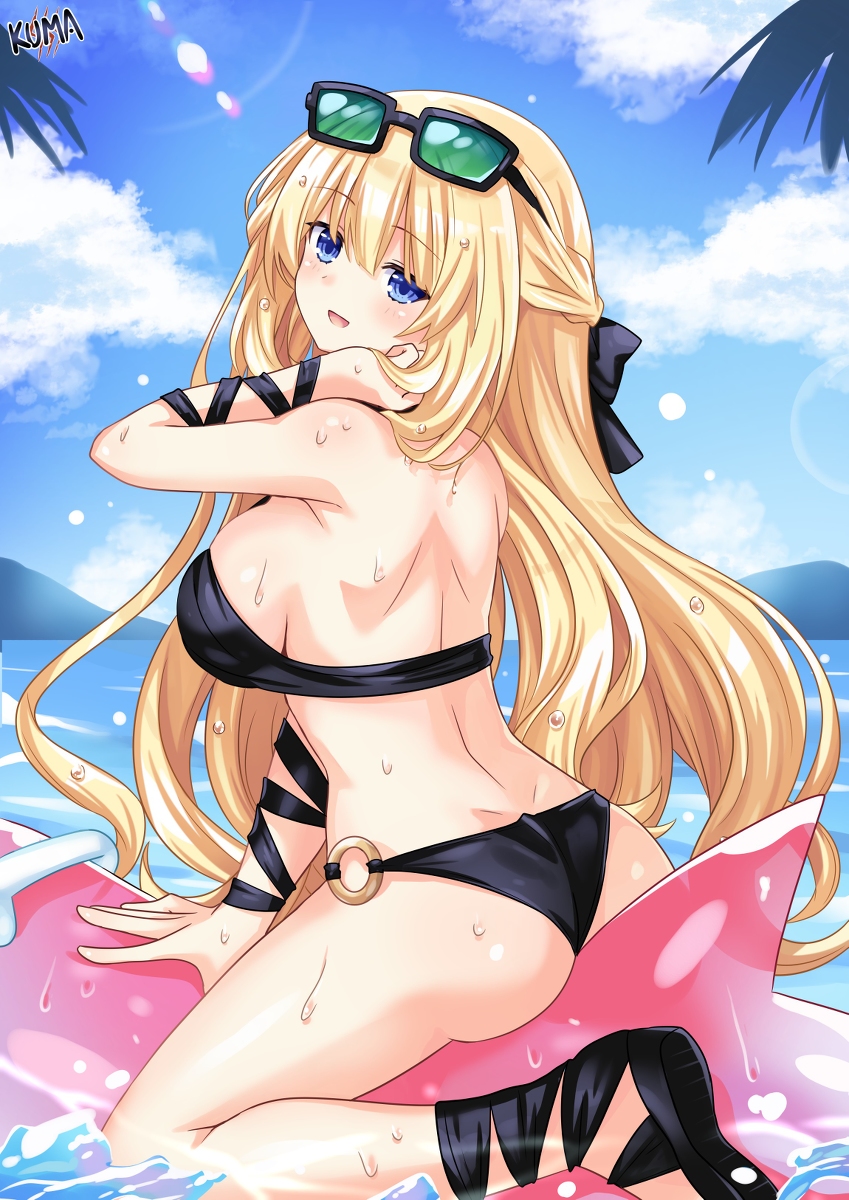 1girls ass beach big_breasts bikini black_bikini blonde_hair blue_eyes breasts busty eyebrows eyebrows_visible_through_hair female female female_only green_heart large_breasts lewdkuma light-skinned_female light_skin long_hair looking_at_viewer looking_back neptunia_(series) pale-skinned_female pale_skin sideboob sunglasses sunglasses_on_head swimsuit swimwear vert water wet yellow_hair