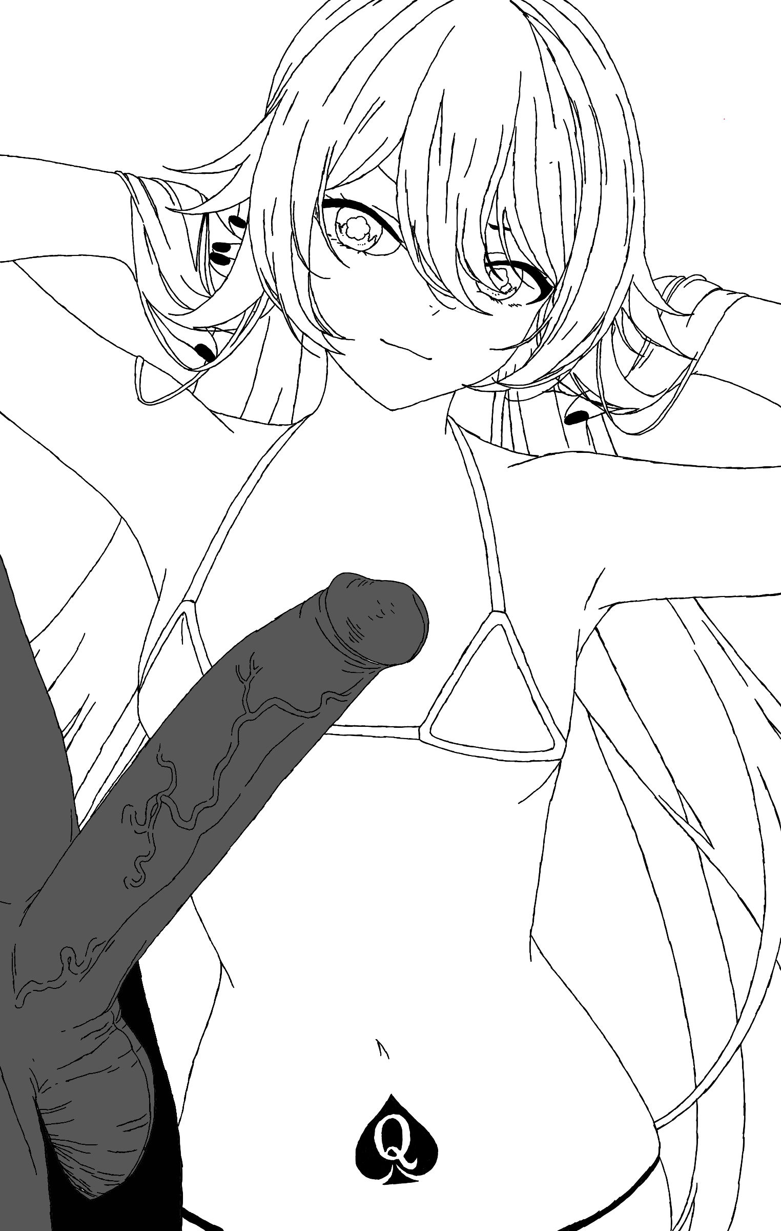 1boy, 1girls, bikini, dark skin, dark-skinned male, female, genshin impact, hu tao (genshin impact), imminent sex, interracial, male, petite, petite body, queen of spades, raceplay, rashiblanc (artist)