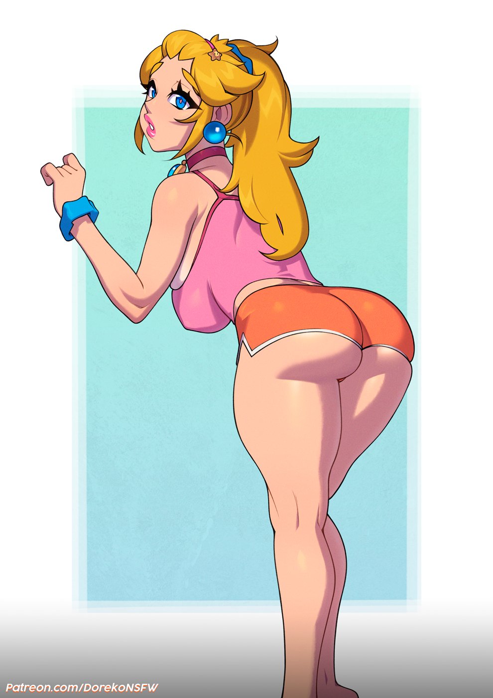 1girls alternate_version_available armwear ass big_ass big_breasts blonde_hair blue_eyes bottomwear bracelet breasts choker clothing doreko earrings feet_out_of_frame female female_only hair_ornament legs lipstick mario_(series) nintendo orange_shorts pink_lips pink_lipstick pink_topwear ponytail princess_peach shorts sideboob solo thick_thighs thighs