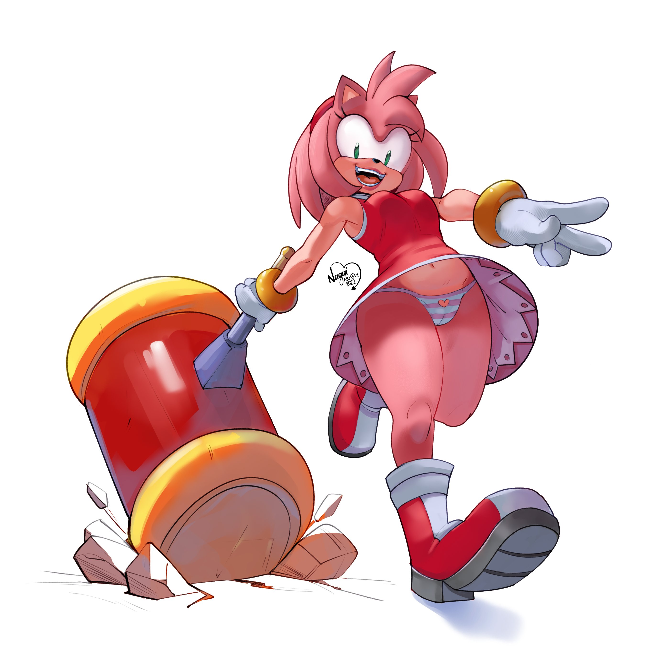 amy rose, bare shoulders, belly button, breasts, female, full body, fully clothed, gloves, green eyes, hedgehog, hedgehog humanoid, holding object, looking at viewer, low-angle view, medium breasts, nagainosfw, navel, panties, pantyshot, piko piko hammer, pink fur, pink hair, sega, smiling, sonic (series), sonic the hedgehog (series), striped panties, strong female, thick thighs, white background