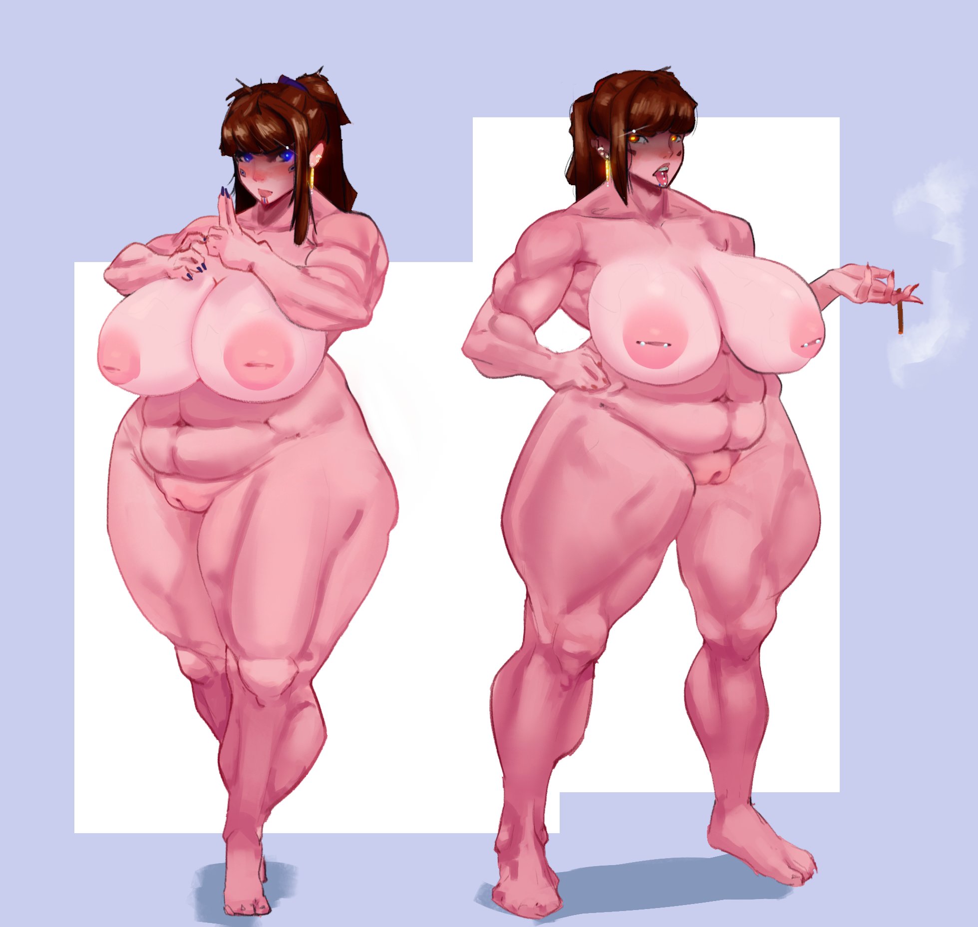 2girls, bbw, big breasts, breasts, brown hair, centipedemc, cigarette, female, glowing, inverted nipples, multiple females, multiple girls, nude, pierced nipples
