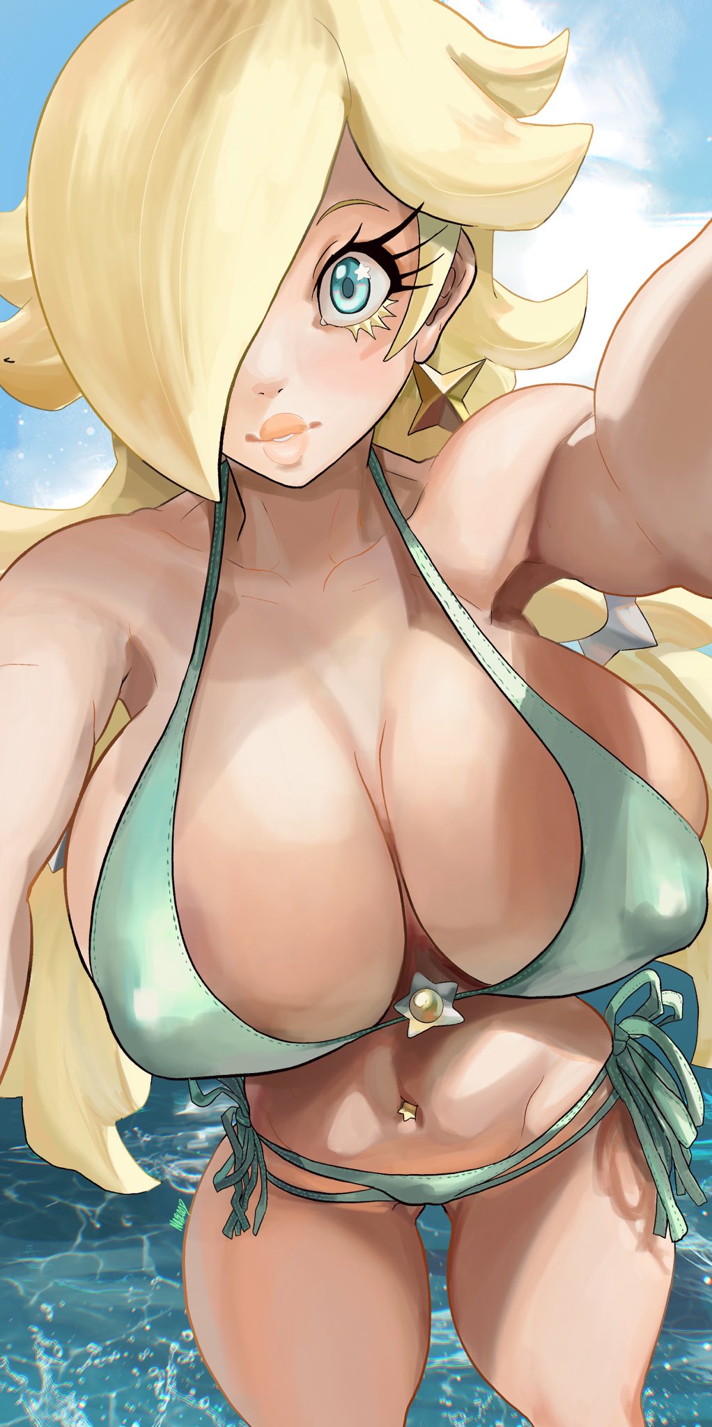 1girls, 2022, beach, big breasts, big lips, bikini, blonde hair, blue eyes, breasts, cleavage, female, female focus, female only, hair over one eye, huge breasts, lips, mario (series), nintendo, nipple bulge, noblood, princess rosalina, solo, solo female, thick lips, thick thighs, voluptuous