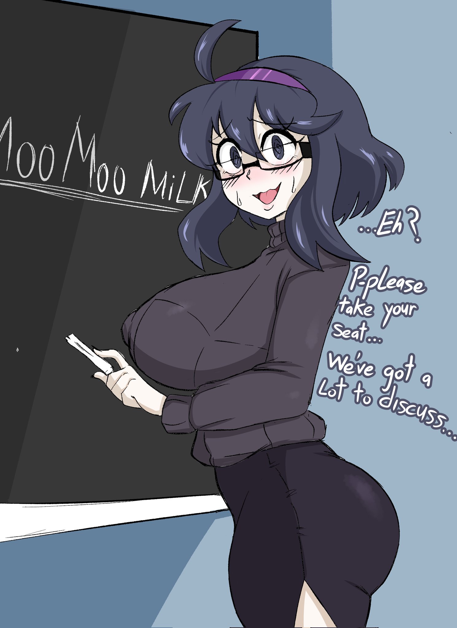 1girls, 2022, ahoge, alternate hairstyle, ass, blush, breasts, dialogue, english text, female, female only, glasses, hairband, hex maniac, hi res, hips, huge ass, huge breasts, nervous, nintendo, pokemon, pokemon xy, protoscene, purple eyes, purple hair, short hair, side view, slim waist, sweatdrop, teacher, text, thick thighs, thighs, wide hips