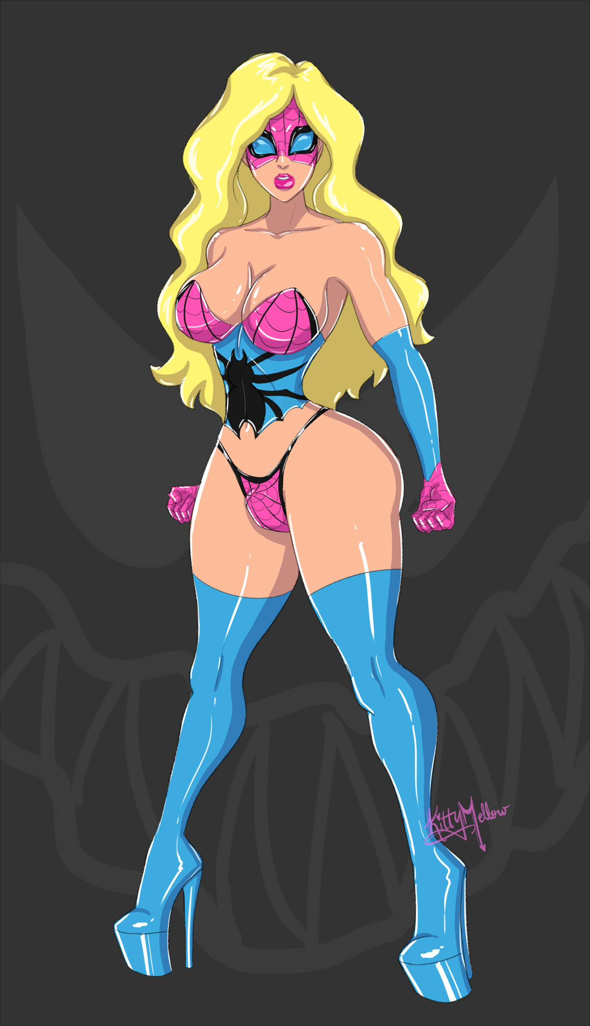 1futa, 1girls, ass, bimbo, bimbofication, blue boots, boots, breasts, female, futanari, gender transformation, gloves, high heel boots, high heels, huge ass, huge breasts, human, human only, implied transformation, intersex, kittymellow, latex, latex gloves, light skin, light-skinned female, marvel, marvel comics, mtf transformation, rule 63, solo, spider-man, spider-man (series), straight hair, thick thighs, thigh boots, transfem, transformation