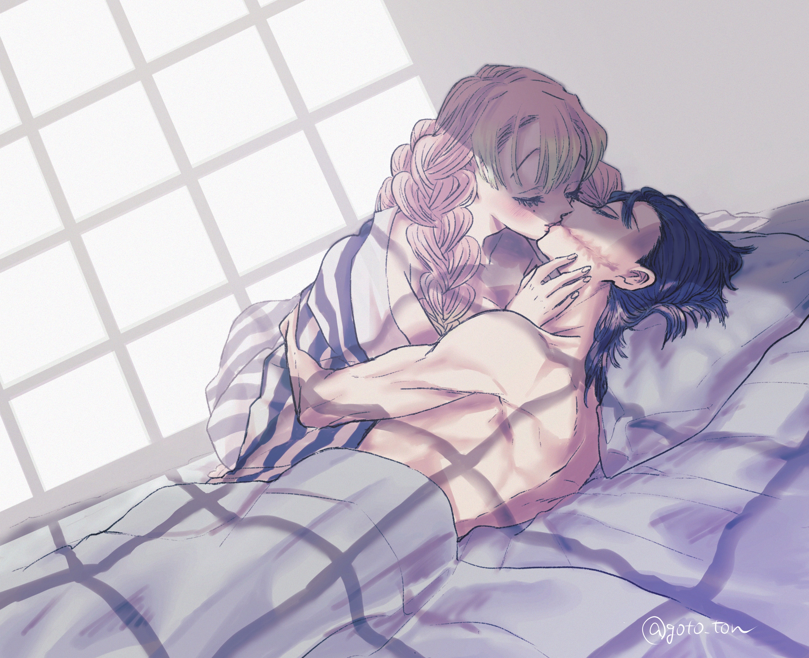 1boy, 1girls, after sex, black hair, black-haired male, blush, braided hair, closed eyes, cute, demon slayer, embrace, facial scar, female, futon, glasgow smile, goto ton, haori, hug, iguro obanai, in bed, kanroji mitsuri, kimetsu no yaiba, kissing, male, mole under eye, morning, morning after, nude, nude male, on back, on bed, pink hair, pink-haired female, scar, two-tone hair, wearing others clothes, wholesome