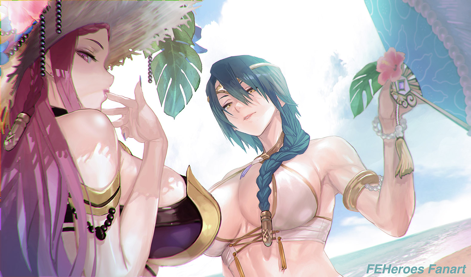 2girls, alternate costume, bangs, bare shoulders, beach, bikini, bikini top only, bracelet, braid, breasts, cloud, cloudy sky, commentary, day, earrings, female, female only, fingernails, fire emblem, fire emblem heroes, flower, gold trim, green eyes, green hair, hair ornament, hand fan, hand up, hat, hibiscus, holding, jewelry, large breasts, linea alba, lips, loki (fire emblem), long hair, looking at viewer, looking back, maeshima shigeki, multiple females, multiple girls, nail polish, nintendo, ocean, official alternate costume, outdoors, parted lips, purple eyes, purple hair, simple background, single braid, sky, swimsuit, thorr (fire emblem), tiara, upper body, water, white bikini, white swimsuit