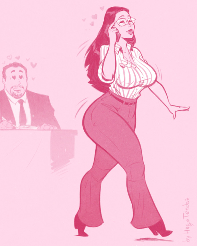 1boy 1girls adult aunt big_breasts breasts busty cartoon cleavage clothing comics commission curvy female female_focus fully_clothed glasses happy_hogan heart-shaped_eyes heart_eyes hearts high_heels hips hugotendaz jeans male marisa_tomei marvel marvel_cinematic_universe marvel_comics may_parker milf pink pink_theme pinup romance sketch spider-man_(series) voluptuous wide_hips