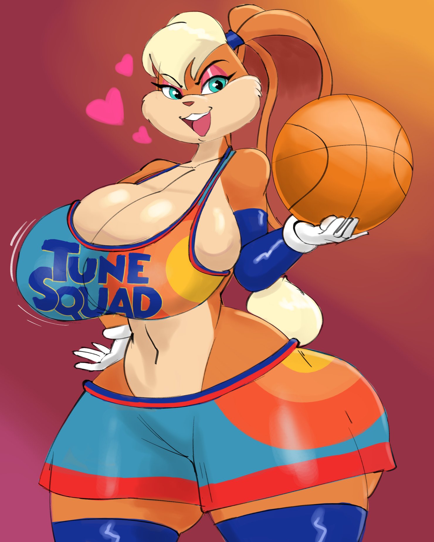 1girls, anthro, ass, ass visible from the front, ball (object), basketball, big ass, big breasts, blonde female, blonde hair, blue eyes, breasts, busty, cleavage, crop top, female, female only, geebie33, hand on hip, lagomorph, lola bunny, looking at viewer, looney tunes, rabbit, shirt, shorts, solo, space jam, space jam: a new legacy, sports bra, thick thighs, wide hips