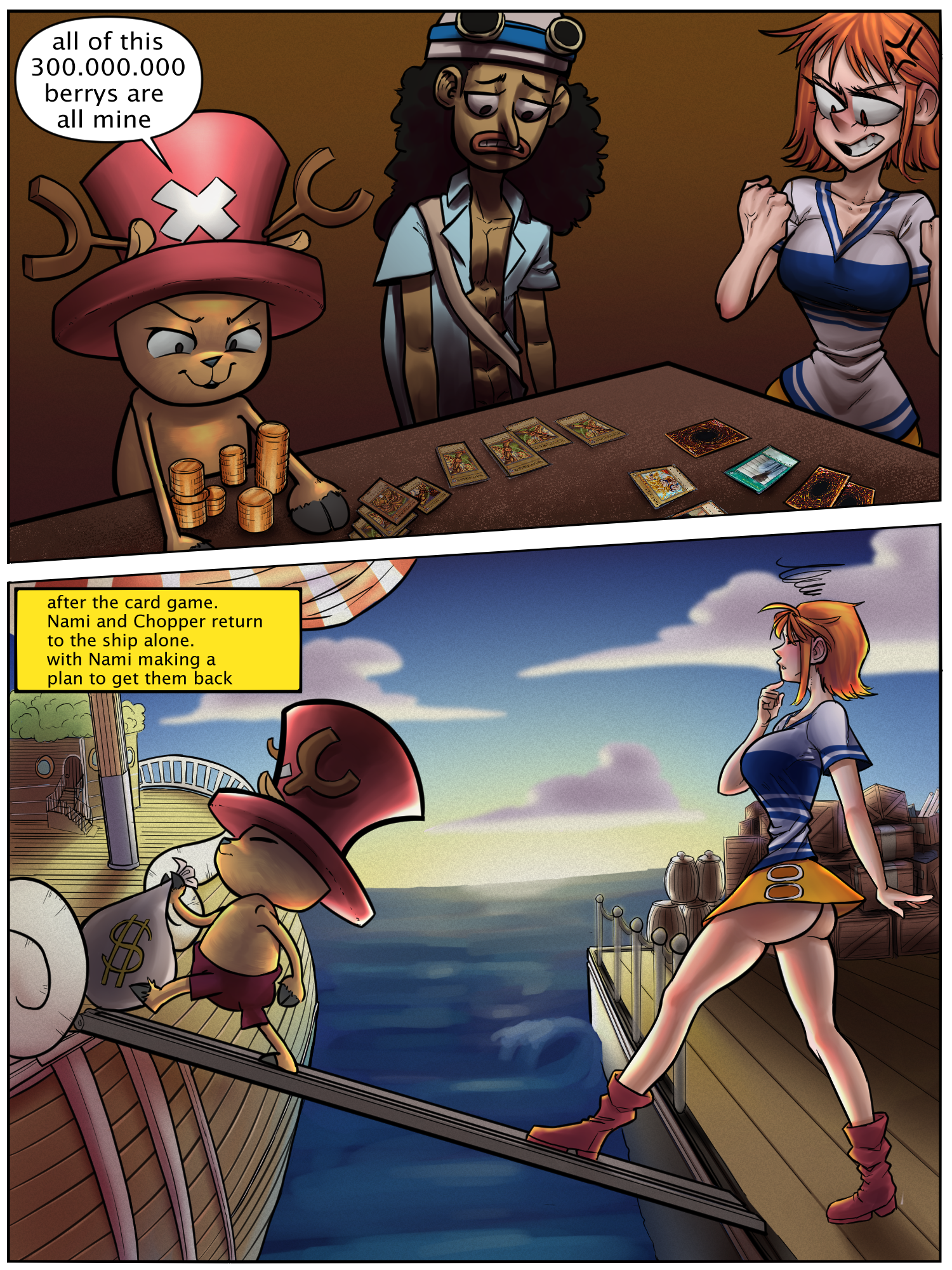 1girls, 2boys, ass, big ass, big breasts, breasts, comic, comic page, dialogue, english text, female, lord moku, male, nami (one piece), one piece, pre-timeskip, reindeer, short skirt, text, tony tony chopper, usopp