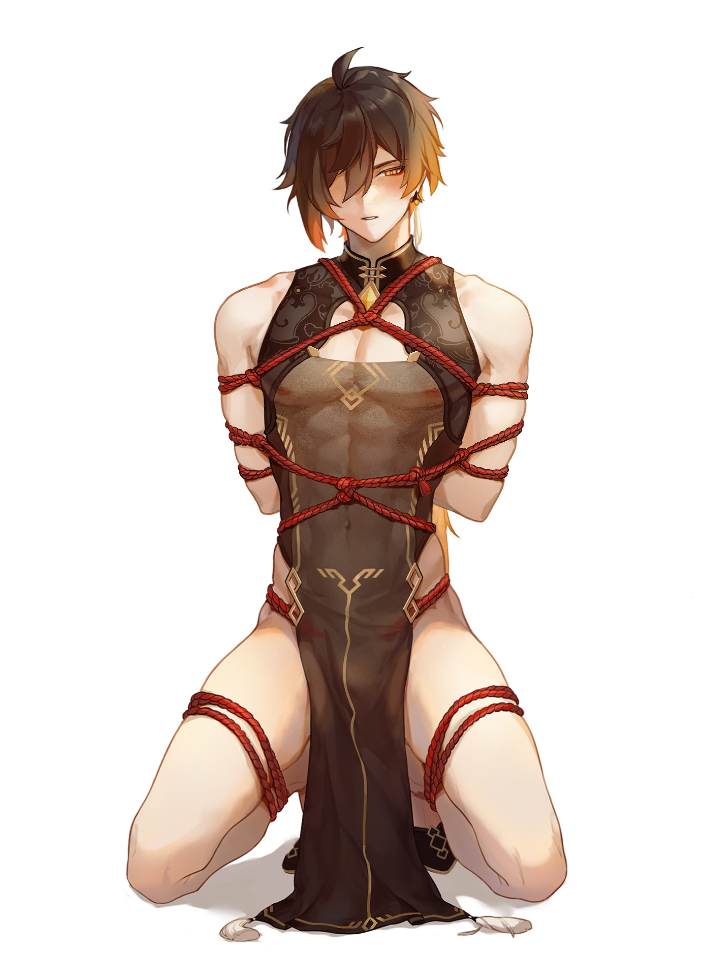 1boy, alternate costume, bondage, cheongsam, chinese clothes, genshin impact, male, male only, nipples visible through clothing, one eye obstructed, red rope, see-through clothing, shibari, solo, zhongli (genshin impact)