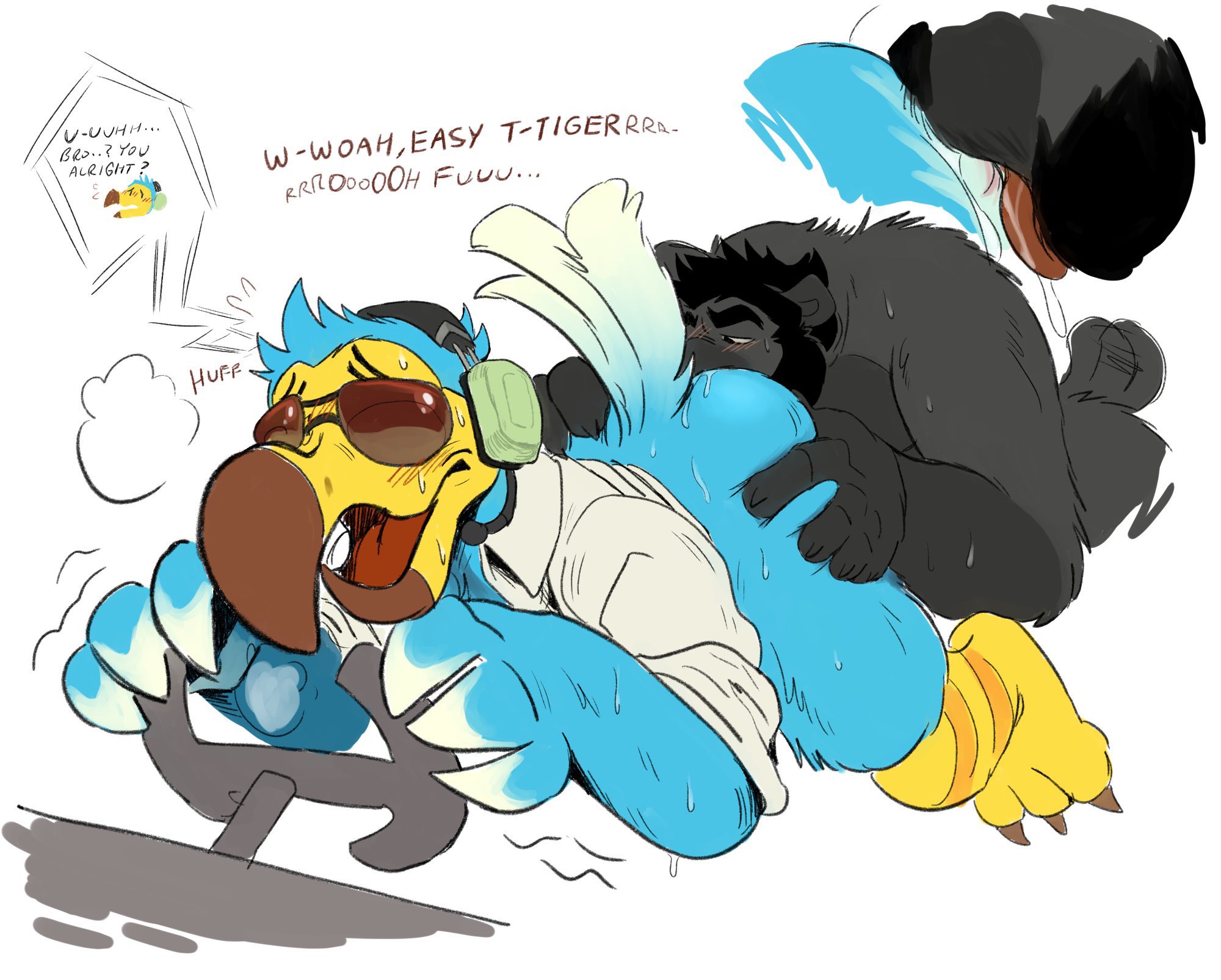 1boy, 2boys, anal, anal sex, animal crossing, anthro, anthro on anthro, anthro only, anthro penetrated, anthro penetrating, anthro penetrating anthro, ass, beak, bear, beard, belly, big ass, bird, black hair, blue body, blush, blush lines, boof, breath, breathing, captain, chubby, dialogue, dripping, eating ass, facial hair, feathers, furry, furry only, fursona, gay, gay sex, grey body, grey fur, half-dressed, headphones, leaning on object, male, male focus, male only, male penetrated, male penetrating, male penetrating male, male/male, muscles, muscular, muscular male, no pants, overweight, partially clothed, rimjob, rimming, self insert, shirt, shirt lift, shirt only, shirt up, shivering, standing, standing sex, steam, sunglasses, sunglasses on head, sweat, sweatdrop, sweating, tongue, trembling, wilbur (animal crossing), yiff