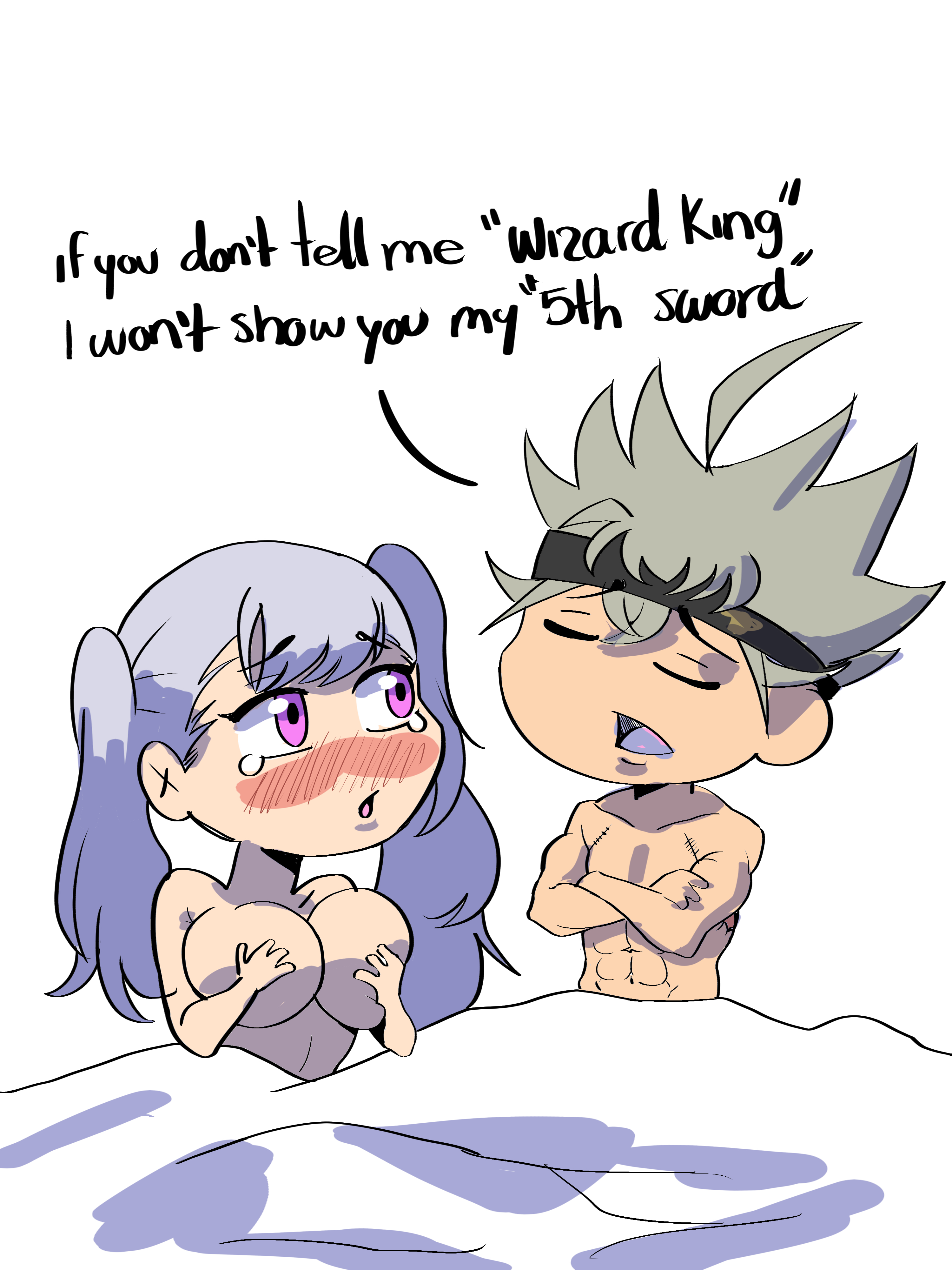 1boy, 1girls, asta (black clover), bed, big breasts, black clover, blush, breasts, dialogue, english text, female, grabbing own breast, green hair, long hair, male, meme, muscular, muscular male, noelle silva, on bed, purple eyes, scharlottelambo, short hair, silver hair, twintails