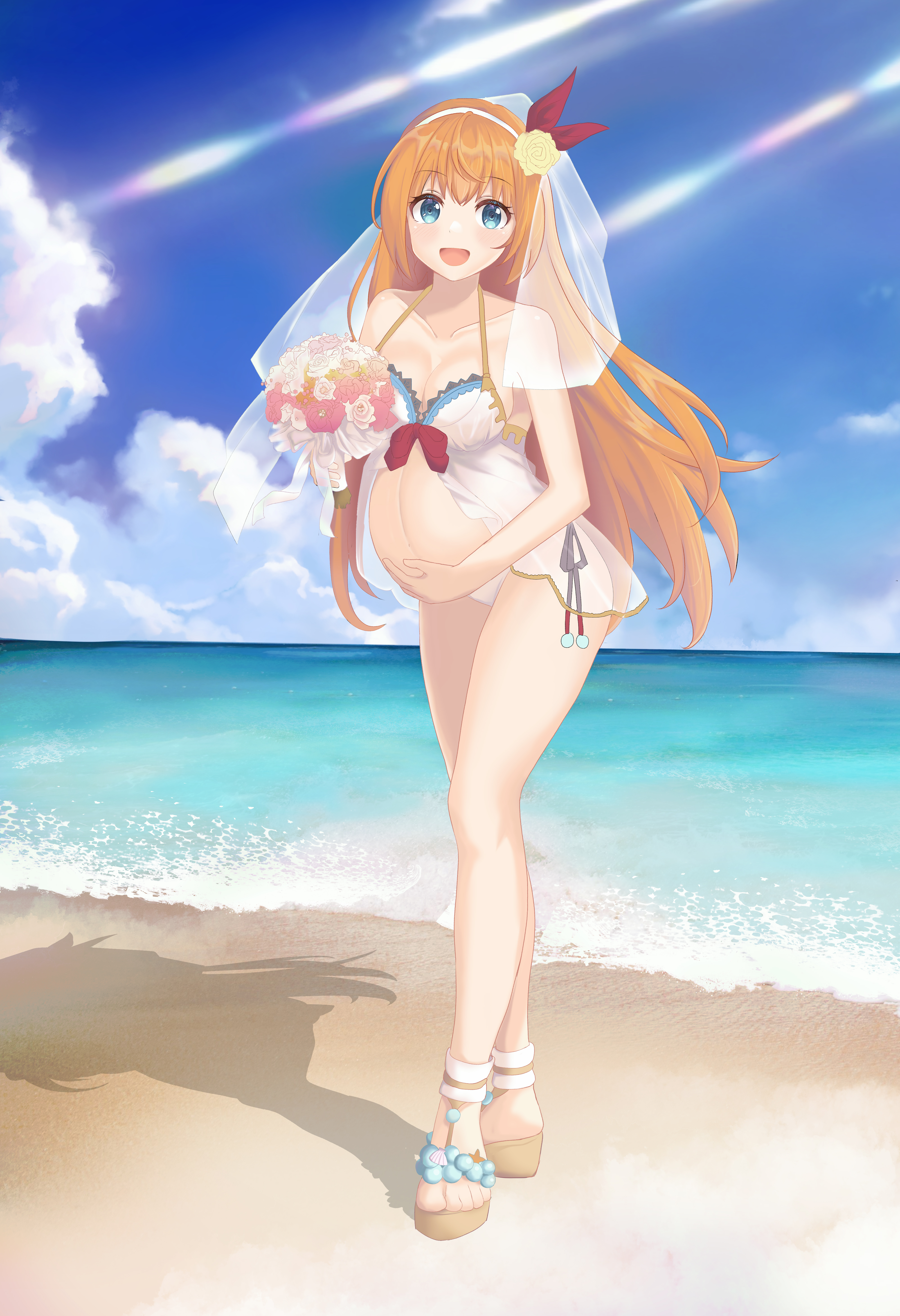 1girls, beach, blue eyes, bouquet, breasts, bridal veil, cleavage, female, female only, flower in hair, full body, hairband, hand on belly, holding belly, lingerie, long hair, looking at viewer, medium breasts, negligee, orange hair, outside, panties, pecorine, platform footwear, pregnant, princess connect!, princess connect! re:dive, sandals, see-through clothing, side-tie panties, smile, solo, standing, veil, wedding lingerie, white panties, wholesome