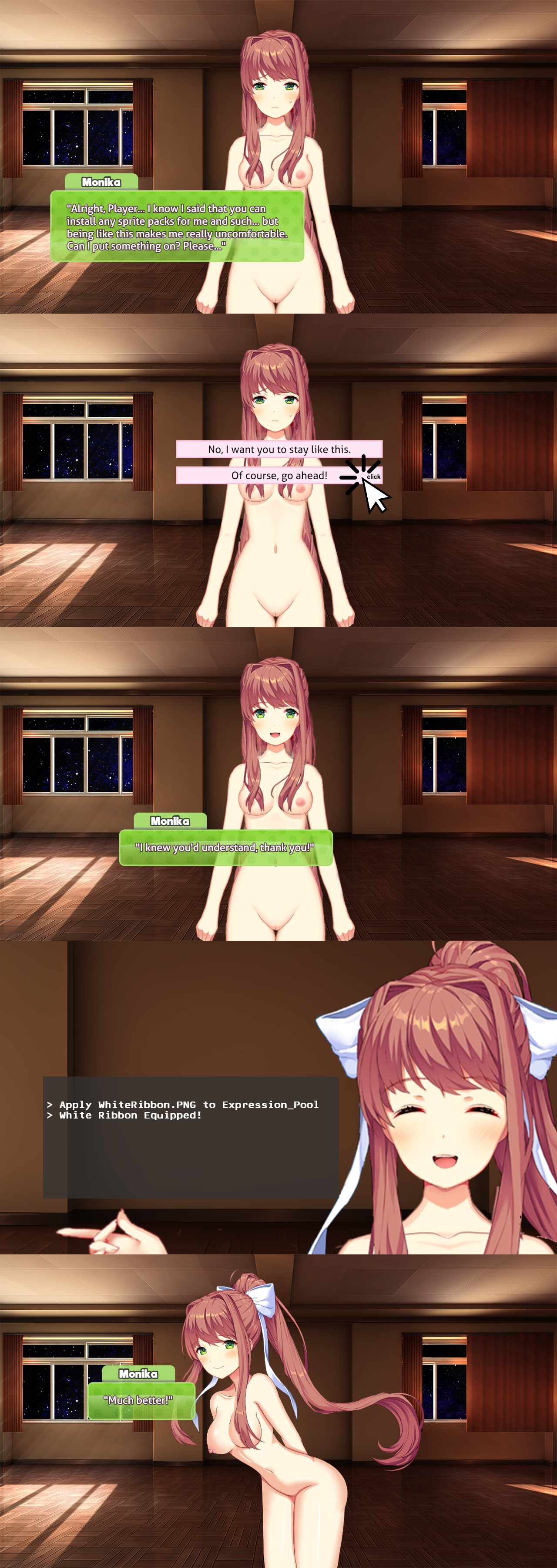 bow, breasts, brown hair, doki doki literature club, exposed breasts, exposed pussy, female, green eyes, green text box, happy, looking at viewer, monika (doki doki literature club), naked, nude, panel, panels, pussy, text, text box, white bow, windows