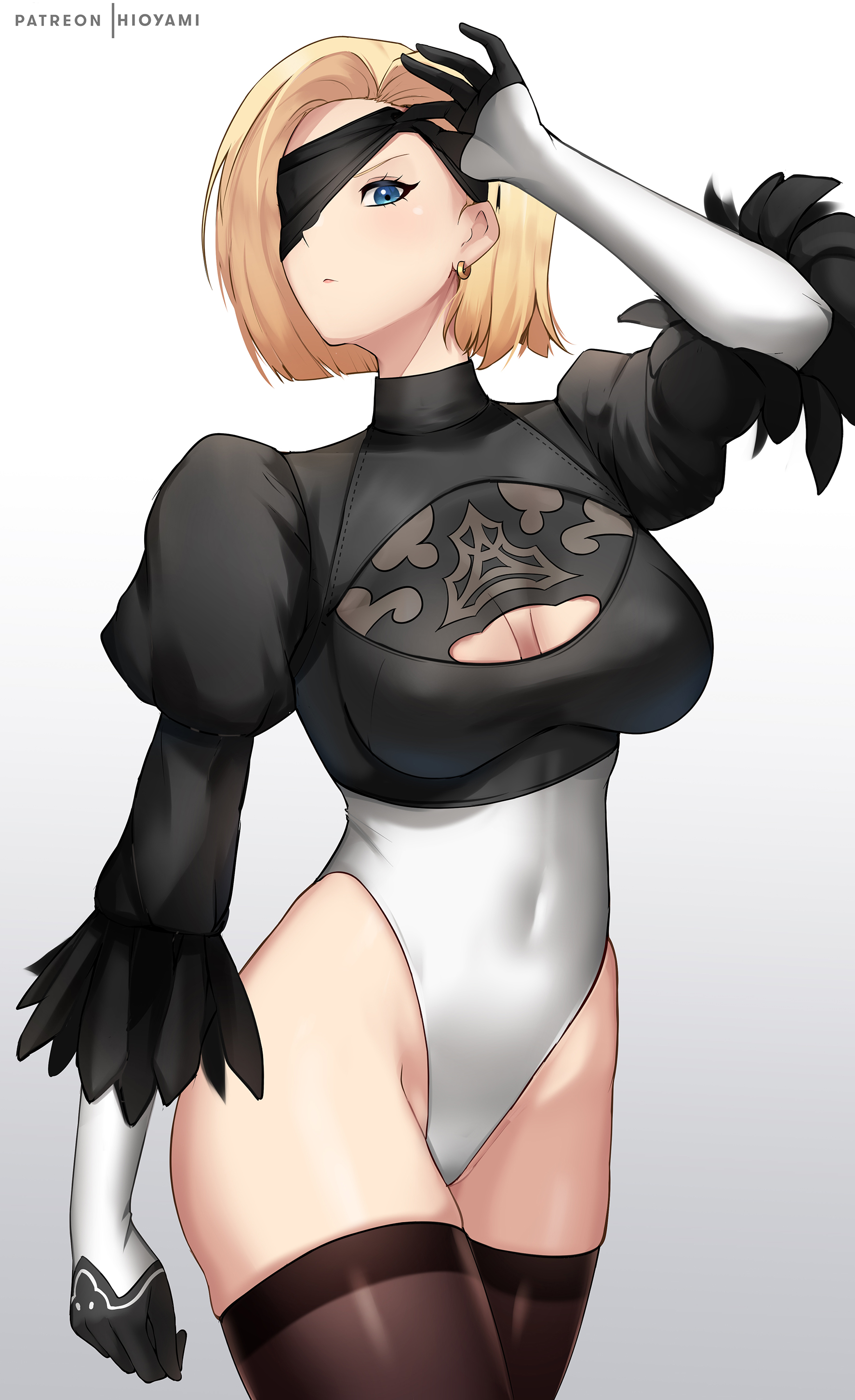 1girls, 2022, android 18, blindfold, blonde female, blonde hair, blue eyes, breasts, cosplay, dragon ball, dragon ball z, female, female only, hi res, highleg leotard, hioyami, hips, large breasts, leotard, nier, nier: automata, short hair, slim waist, solo, solo female, thick thighs, thighs, wide hips, yorha 2b (cosplay)