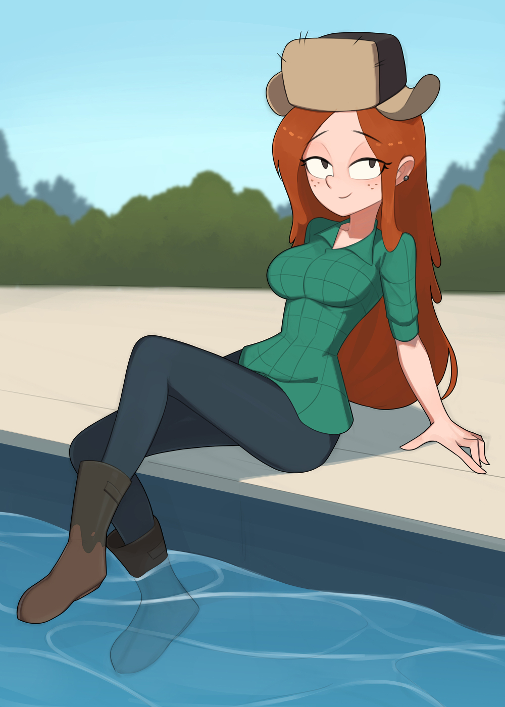 1girls, barleyshake, boots, cleavage, commission, disney, disney channel, disney xd, earrings, eyebrows visible through hair, eyes visible through hair, female, female only, fully clothed, gravity falls, looking at viewer, outdoors, pinup, sfw, shirt, sitting, solo, solo female, solo focus, straight hair, swimming pool, tights, ushanka, wendy corduroy