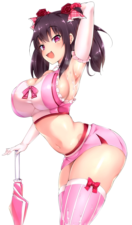 1girls, arched back, arm up, armpits, arms behind head, big breasts, black hair, breasts, cleavage, doskoinpo, elbow gloves, eyebrows visible through hair, female, female focus, gloves, hair ornament, huge breast, large breasts, leaning forward, legwear, looking at viewer, massive breasts, microskirt, midriff, navel, open mouth, parasol, pink eyes, pink ribbon, pink thighhighs, pinstripe legwear, pinstripe pattern, purple eyes, red ribbon, ribbon, sideboob, simple background, skin tight, skirt, sleeveless, smile, solo, standing, striped, suggestive fluid, tagme, thick thighs, thighhighs, umbrella, white background