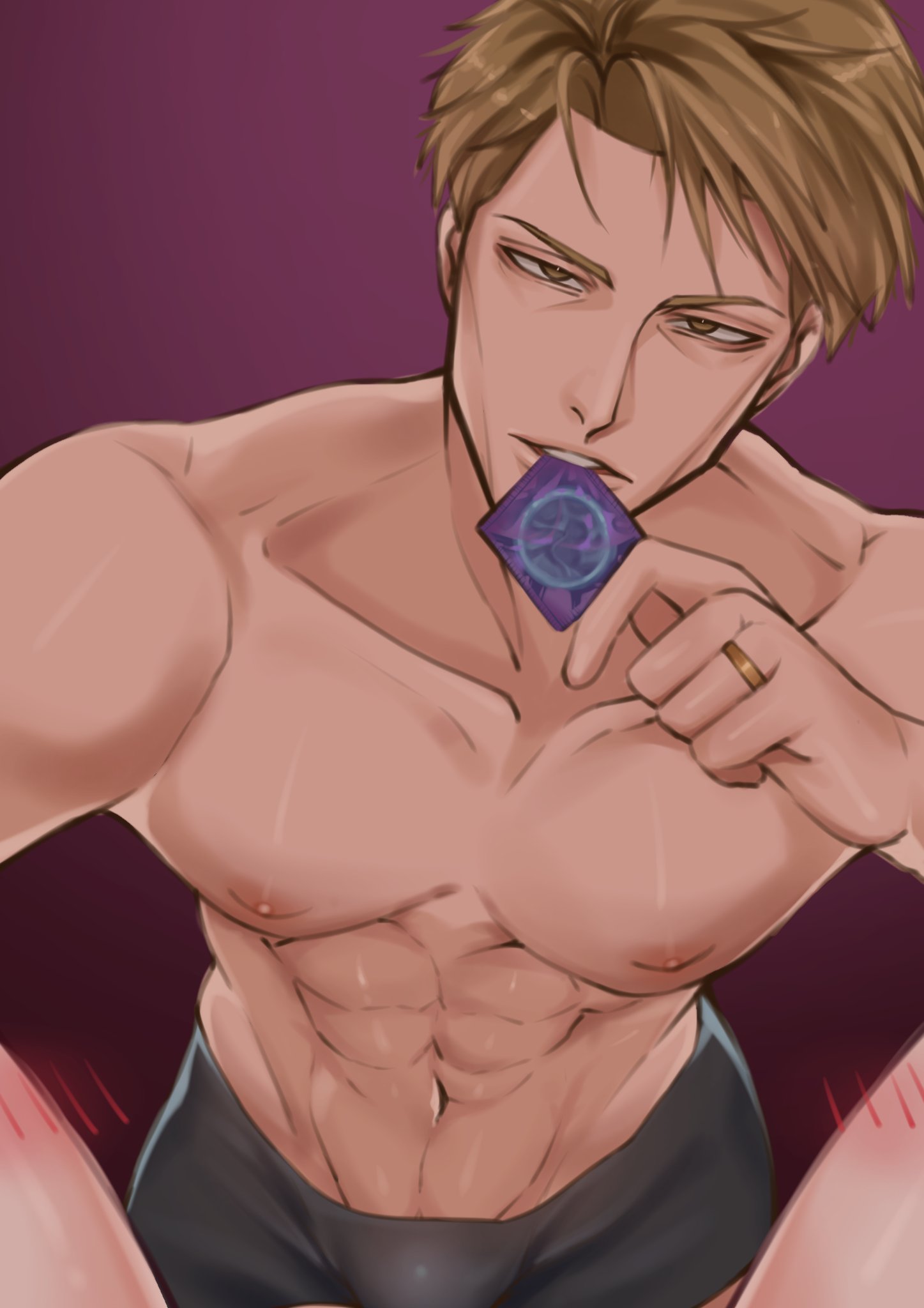 blonde hair, bulge, collarbone, condom wrapper, condom wrapper in mouth, horny, jujutsu kaisen, kento nanami, looking at viewer, male, male only, muscular, muscular male, myaoruki, pov, sex with viewer, topless