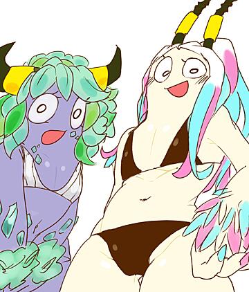 2022 2girls artist_request belly_button bikini blush flat_chest hi_res highres horn looking_at_viewer maggpi monster monster_girl my_singing_monsters parlsona video_games werdo werdos_(msm)