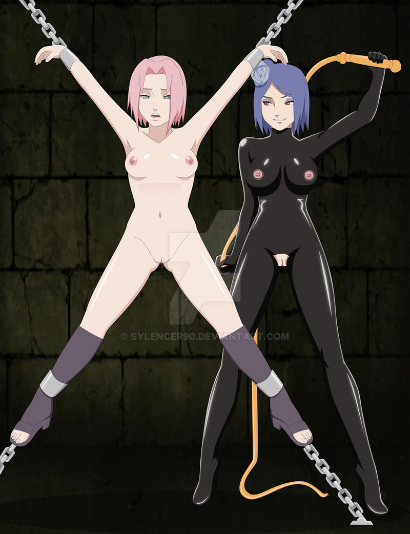 2girls, age difference, blue hair, bodysuit, bondage, chained, chains, clothed female nude female, female, female only, femdom, femsub, holding object, konan, lezdom, multiple females, multiple girls, naruto, naruto (series), naruto shippuden, older female, pink hair, sakura haruno, spread arms, spread legs, sylencer90, watermark, whip, younger female, yuri