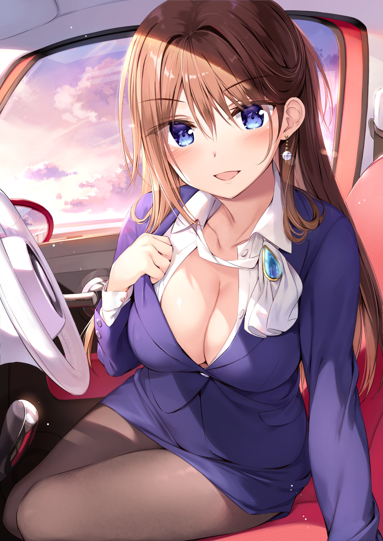 big_breasts blue_eyes boku_no_kanojo_sensei brown_hair cleavage earring female_teacher fujiki_maka oryou teacher