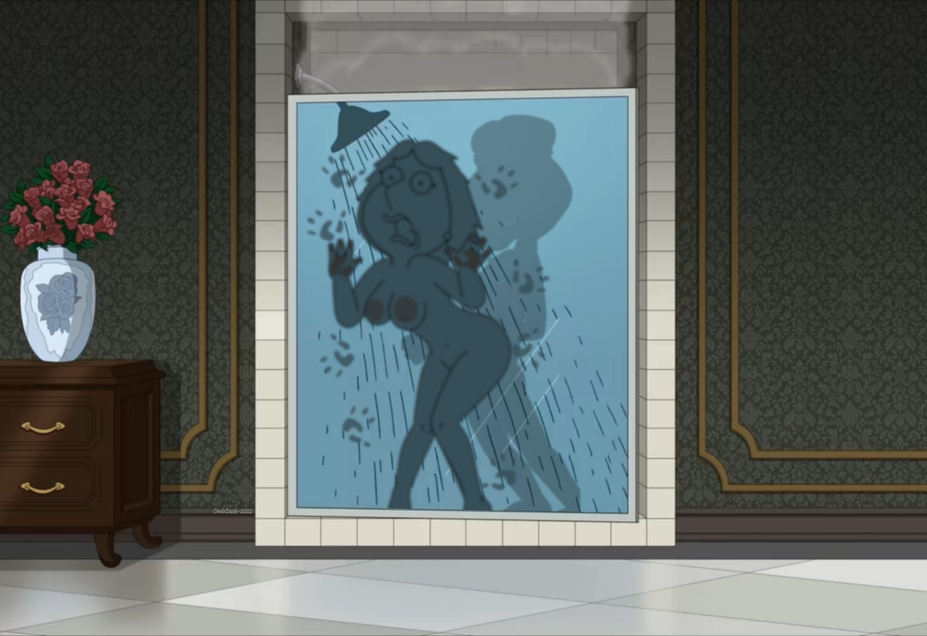 1boy, 1girls, against wall, areola, big breasts, black hair, blackzacek, breasts, cadrzacek, family, family guy, female, from behind, glenn quagmire, holding arm, light skin, light-skinned female, lois griffin, male, nipples, nude, orange hair, pussy, rape, red lipstick, shower, vaginal penetration