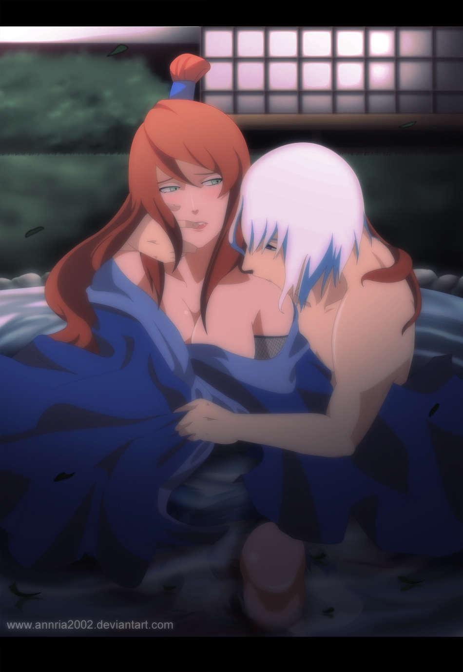 1boy1girl after_sex age_difference annria2002 auburn_hair bare_breasts bare_chest bare_shoulders covering covering_self cuddling finger_in_mouth finger_to_mouth grabbing grabbing_from_behind hozuki_suigetsu kissing kissing_back male/female mature mature_female mei_terumi naked naruto naruto_(series) naruto_shippuden off_shoulder older_female partially_submerged sitting sitting_on_person straight water white_hair younger_male