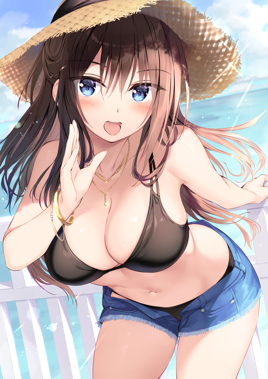 beach big_breasts bikini_bottom bikini_top boku_no_kanojo_sensei female_teacher fujiki_maka hat oryou short_shorts teacher