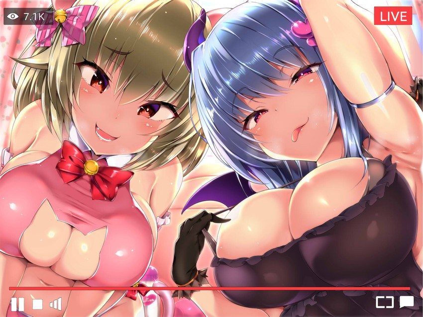 2girls, bare shoulders, bell, big breasts, breasts, cat ears, cat tail, doskoinpo, eyebrows visible through hair, eyes visible through hair, female, gloves, horns, huge breast, large breasts, livestream, looking at viewer, massive breasts, multiple females, multiple girls, navel, open mouth, original, red ribbon, ribbons, striped ribbon, tongue, tongue out, youtube