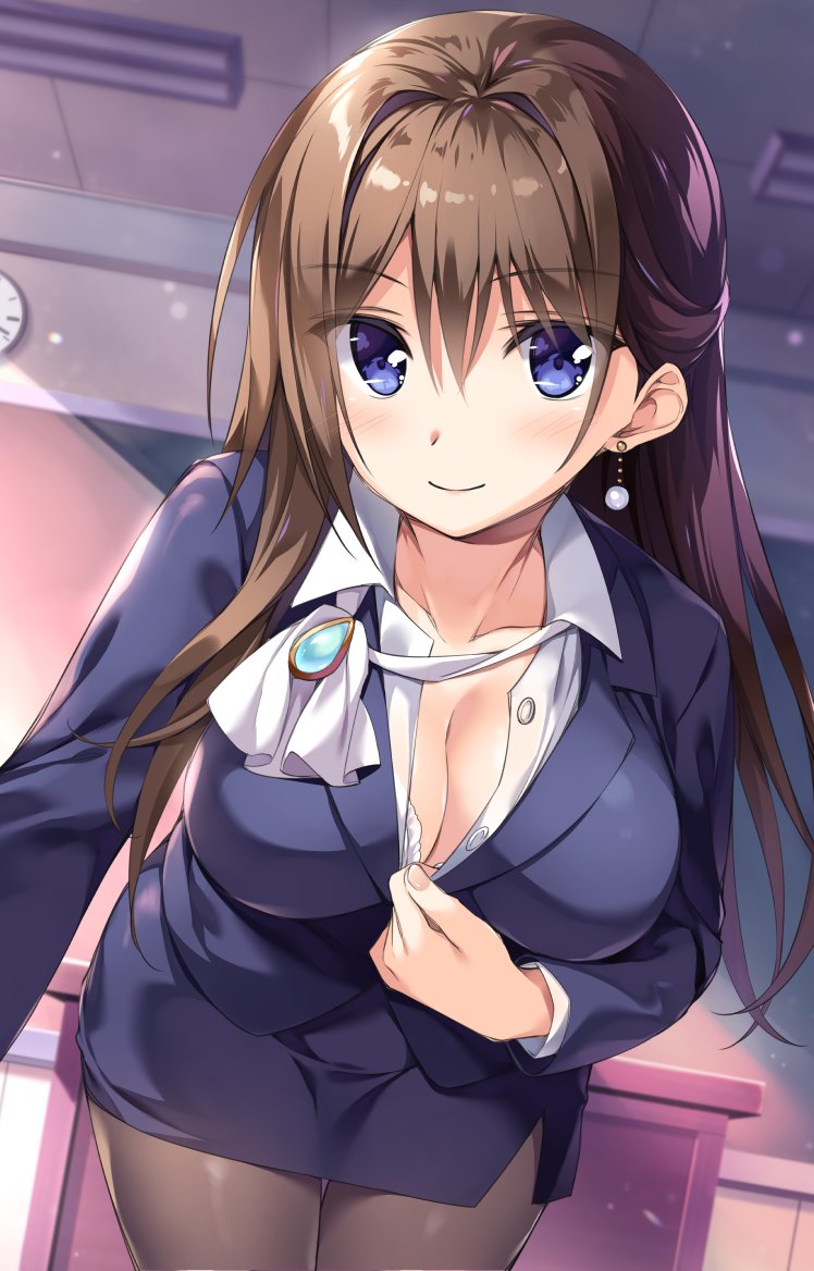 big_breasts blue_eyes boku_no_kanojo_sensei brown_hair classroom cleavage fujiki_maka oryou teacher unbuttoning undressing