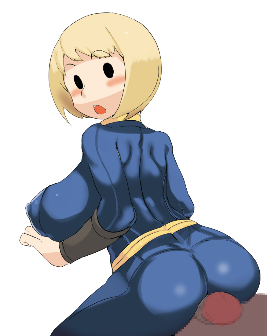 ass, assjob, big ass, big breasts, big butt, breasts, buttjob, censored, clothing, dark skin, dark-skinned male, fallout, female, jumpsuit, male, man0., mob face, no artist signature, no source, penis, pixelated penis, simple background, simple eyes, simple face, vault girl, vault suit