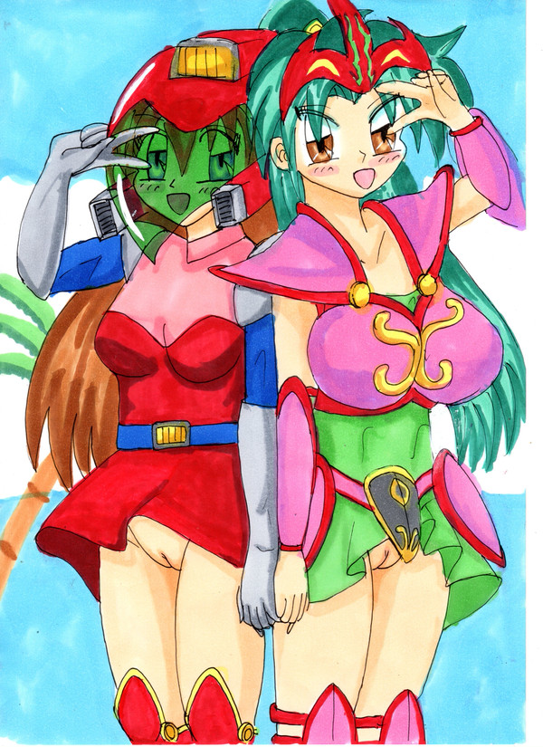 2girls amazona beach helmet kanda_momo kureha_(pixiv) multiple_girls no_panties pussy standing wonder_momo