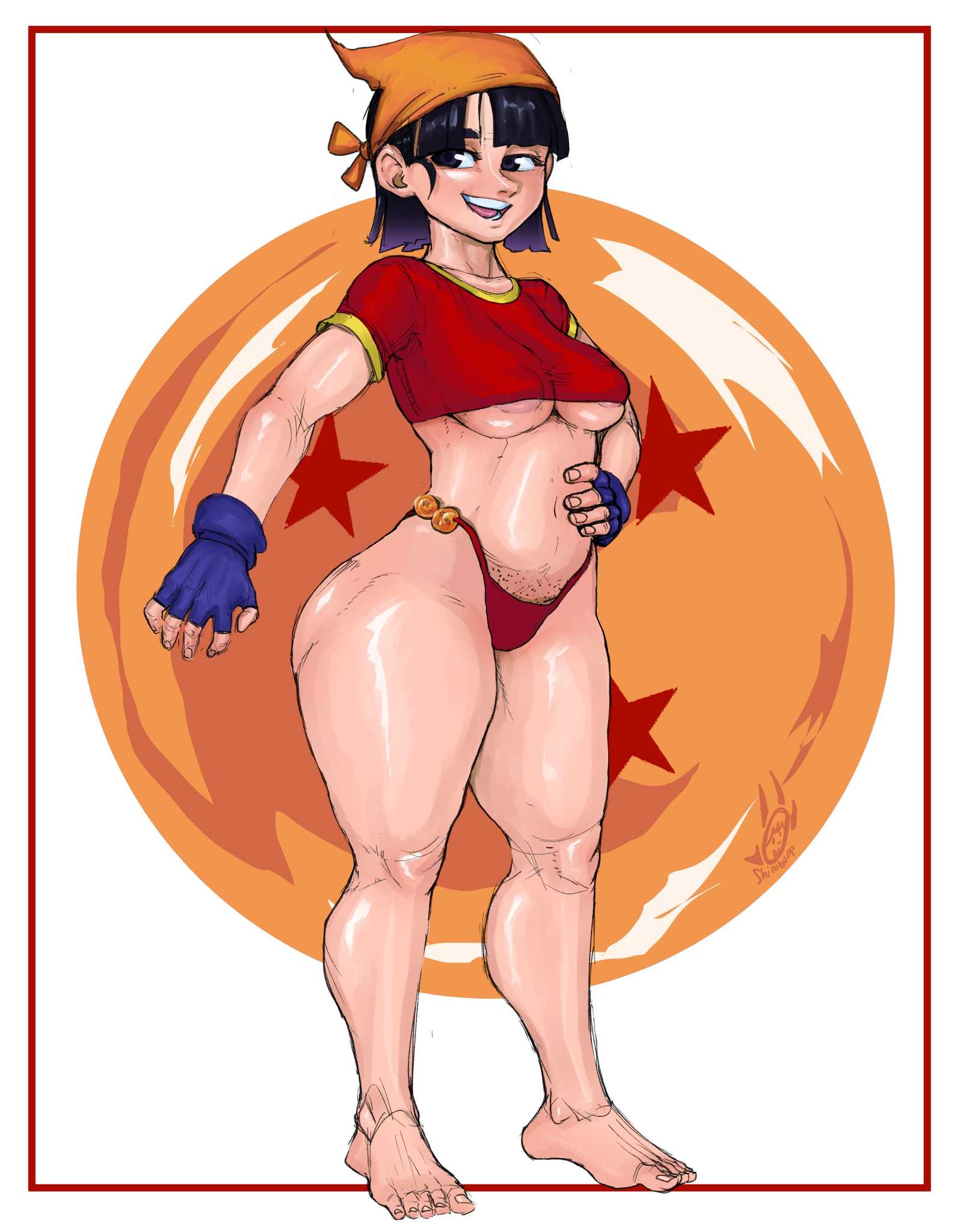 1girls, about to burst, ass, ass too big, barely contained, barely contained ass, barely fits, big ass, big breasts, breasts, bubble ass, bubble butt, curvy female, dragon ball, dragon ball gt, edit, feet, female, g-string, g-string only, imminent wardrobe malfunction, pan (dragon ball), pubic stubble, shinobupp, shounen jump, smiling, straining clothing, string bikini, thong bikini, tight clothes, tight clothing, tight fit, tongue, too tight, undersized clothes, undersized clothing