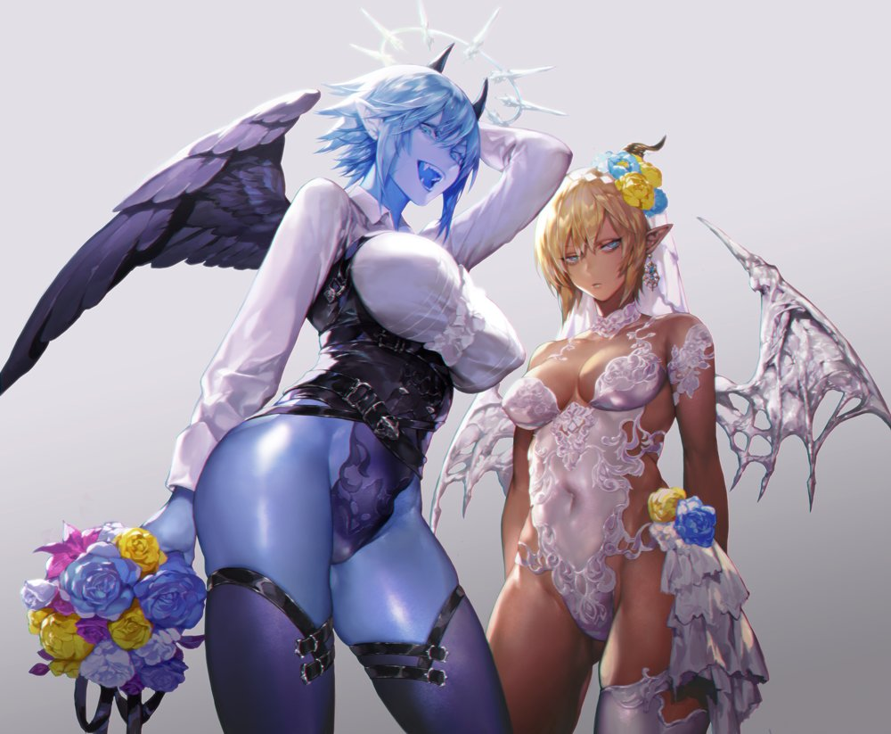 2girls arched_back ass bangs bare_arms bare_shoulders bare_thighs belly_button belt blonde_hair blue_eyes blue_hair blue_skin bouquet breasts cameltoe cleavage collar collared_shirt dark-skinned_female dark_skin demon demon_girl earrings eyelashes eyeshadow fangs female female_focus female_only flower flower_in_hair flowers frills front_view hair_between_eyes hair_ornament halo highleg highleg_panties holding_object large_breasts long_sleeves looking_at_viewer looking_to_the_side navel_line nipple_bulge ogyazombie open_mouth original pointed_ears revealing_clothes sharp_teeth short_hair side_view simple_background standing tan_skin thick_thighs thigh_highs thighhighs thighs tomboy white_background wings yuri