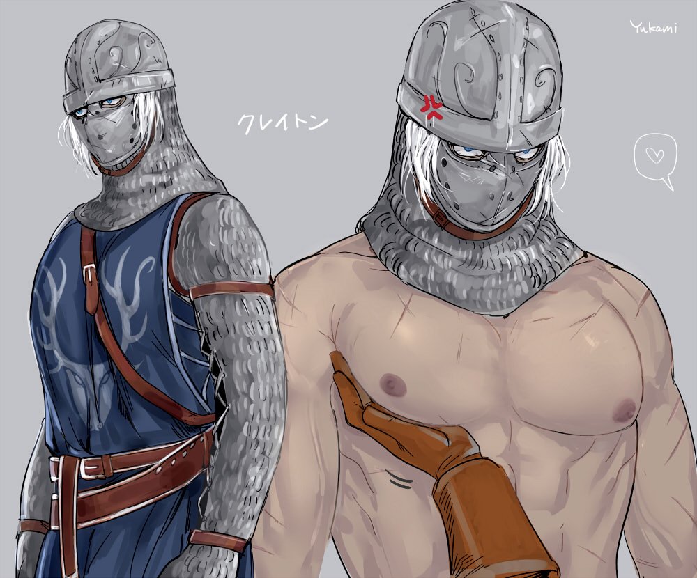 2boys anger_vein angry annoyed armor coif cowl creighton_of_mirrah dark_souls dark_souls_2 fromsoftware gay groping helmet knight male male_only mask masked masked_male mild_mannered_pate muscular muscular_male pec_grasp pecs scars solo_focus topless topless_male white_hair yukami