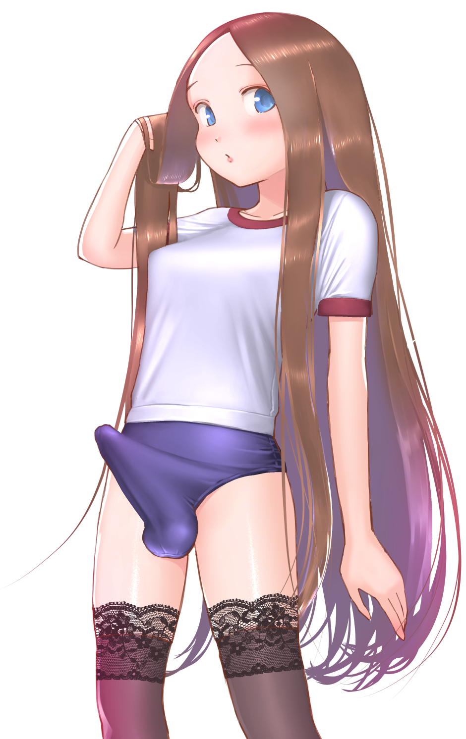 1futa, bloomers, blue eyes, breasts, brown hair, bulge, clothed, clothing, erect nipples under clothes, erection, erection under clothes, fully clothed, futa only, futanari, gym uniform, human, intersex, lace, light skin, light-skinned futa, liza (artist), long hair, penis, penis under clothes, standing, tenting, thighhighs