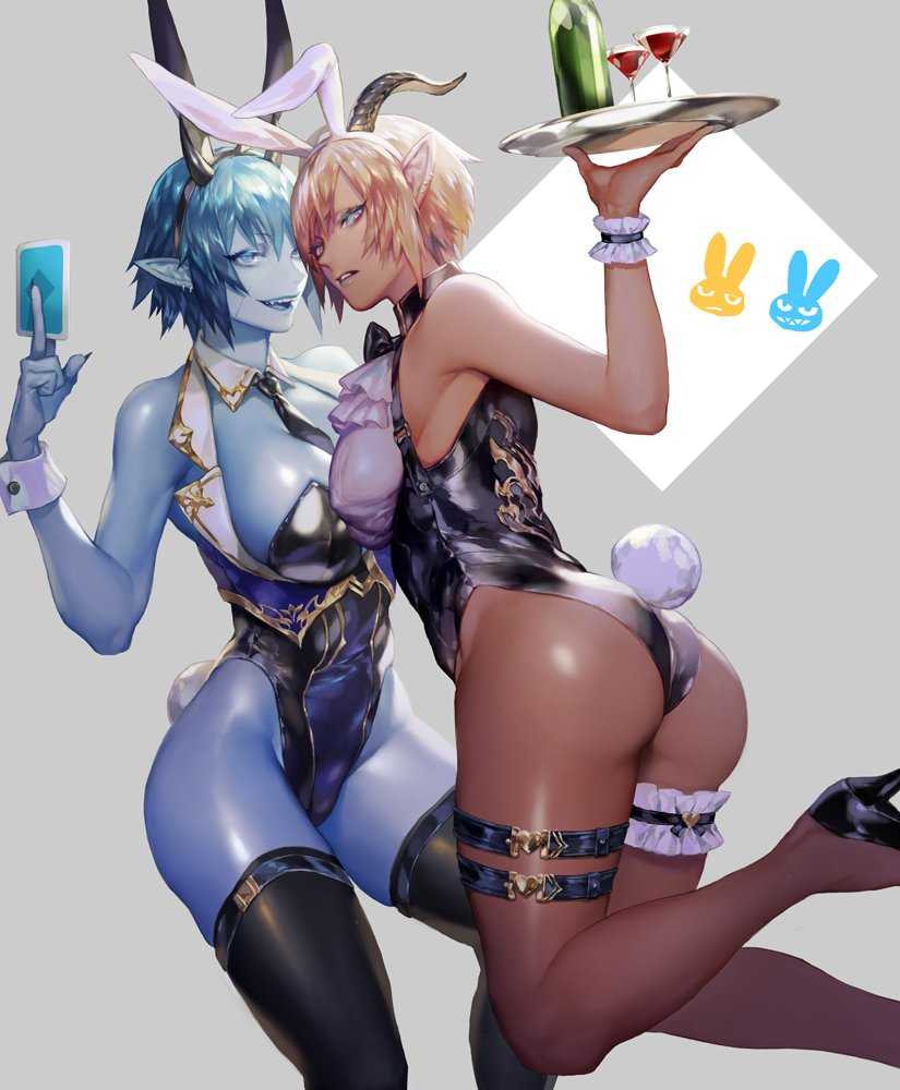 2girls arched_back armband armpits ass ass_focus back_view bangs bare_arms bare_shoulders bare_thighs blue_eyes blue_hair blue_skin bracelet breasts bunny_ears bunny_girl bunny_tail bunnysuit cleavage collar collared_shirt dark-skinned_female dark_skin ear_piercing earrings eyelashes eyeshadow female female_focus female_only frills front_view gold_(metal) hair_between_eyes heels highleg_leotard holding_object inner_thighs large_breasts lipstick looking_at_viewer looking_to_the_side multiple_girls nipple_bulge ogyazombie original playing_card scar serving_tray sharp_teeth short_hair sideboob simple_background slim_waist standing tagme tan_skin thick_thighs thigh_highs thigh_strap thighhighs thighs tie wide_hips wine