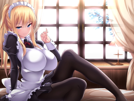10s, apron, bed, blonde hair, blue eyes, breasts, doskoinpo, female, female focus, hair ornament, huge breasts, legs, long hair, looking at viewer, maid, maid apron, maid headdress, miniskirt, pantyhose, ponytail, sitting, skirt, solo