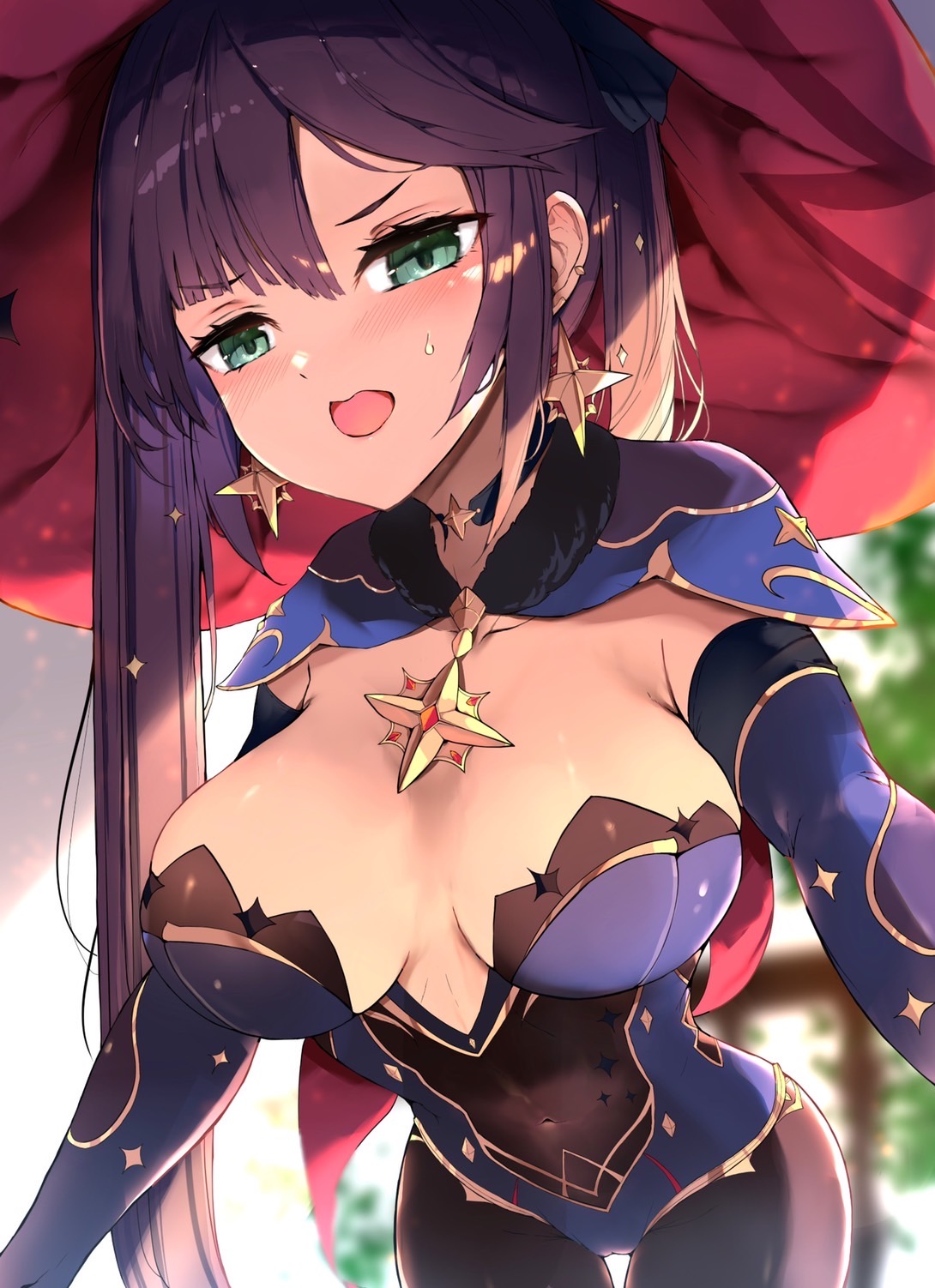 1girls, 2022, alternate breast size, artist request, bending over, black hair, blush, breasts, ear piercing, female, female only, front view, genshin impact, green eyes, hat, highleg leotard, hips, large breasts, large hat, leaning forward, leggings, leotard, long hair, mona (genshin impact), purple leotard, slim waist, star (symbol), thick thighs, thigh gap, thighs, tights, twintails, wide hips, witch hat