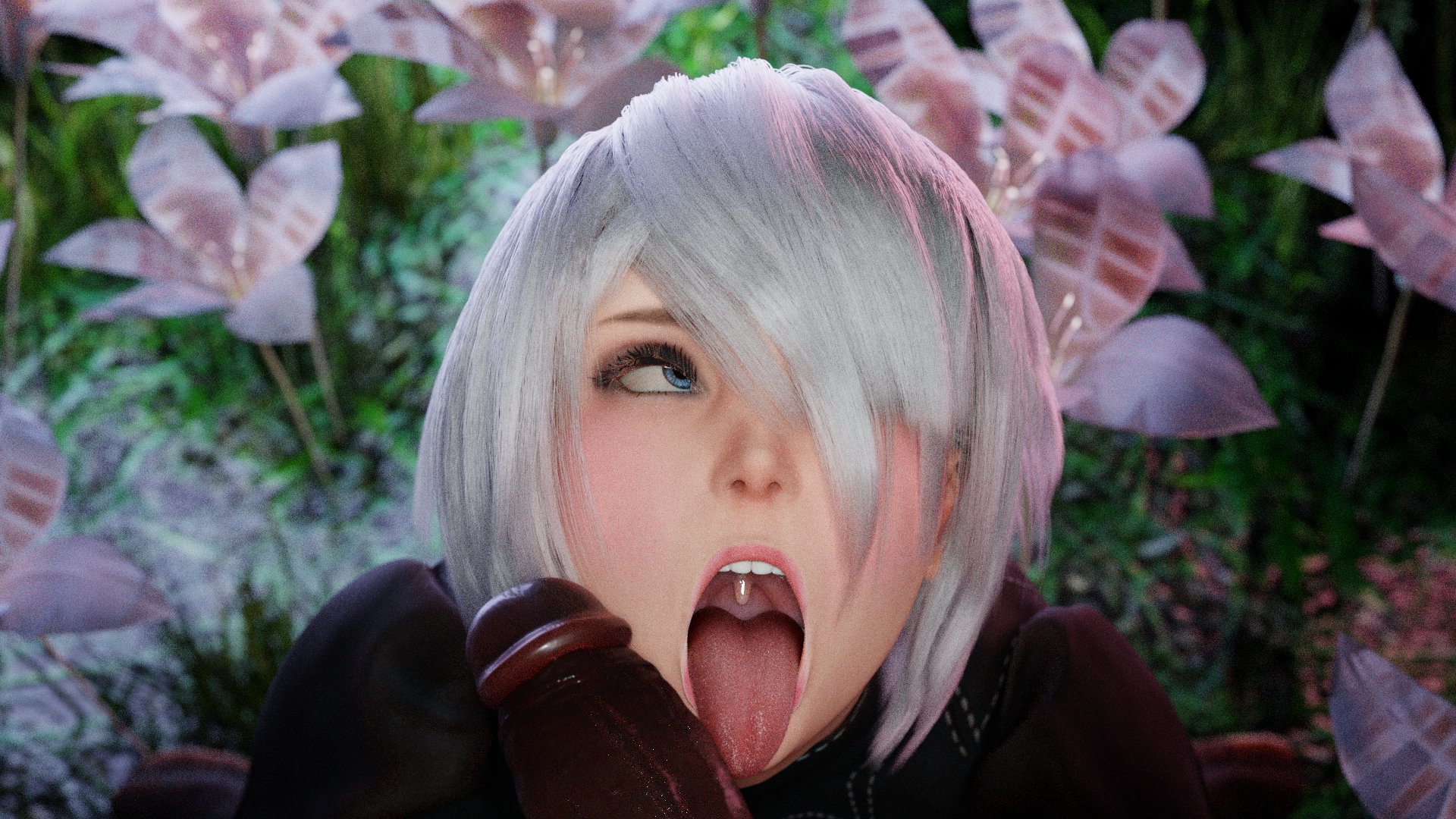 1girls, 3d, ahe gao, ahegao, android, android girl, asian, big penis, blue eyes, bob cut, cock hungry, cute, dark skin, dark-skinned male, diadem, eye contact, eyes rolling back, female, gigantic penis, hairband, imminent deepthroat, imminent oral, interracial, kneeling, large penis, light skin, light-skinned female, male, medium hair, mole, mole under mouth, naughty, naughty face, nier, nier: automata, open mouth, oral, pale skin, pale-skinned female, penis, petite, pov, rolling eyes, seductive eyes, seductive mouth, slayed.coom, slim, square enix, stockings, submissive female, teenager, teeth, teeth showing, thighhighs, throat, tongue, tongue out, uvula, white hair, yorha 2b