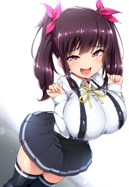 :d, black thighhighs, blush, bow, breasts, brown hair, covered erect nipples, doskoinpo, dutch angle, female, hairbow, large breasts, long hair, looking at viewer, oerba yun fang, open mouth, pink eyes, pleated skirt, skirt, smile, solo, standing, suspenders, thighhighs, twintails, zettai ryouiki